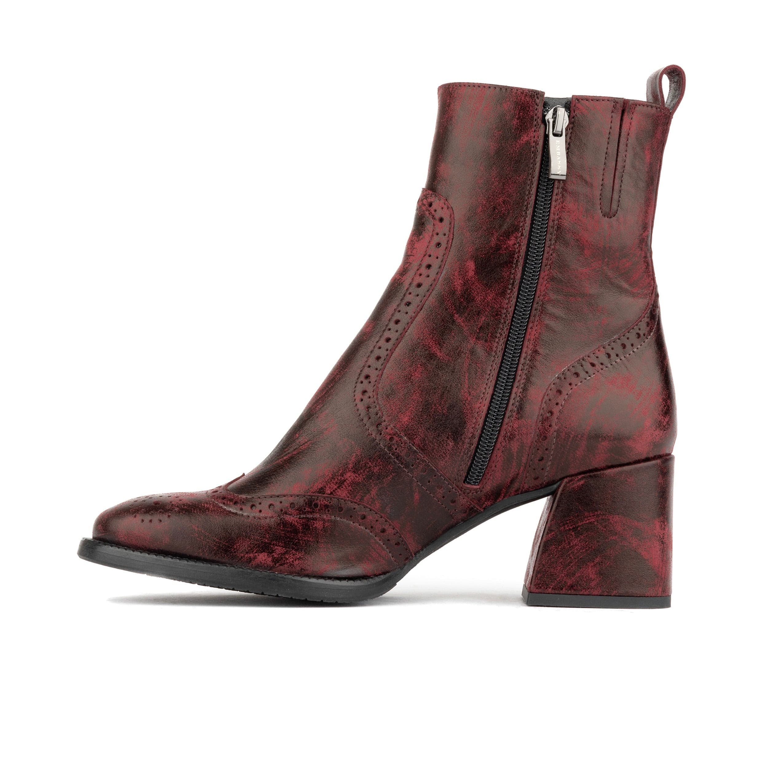 Chloe - Burgundy - Women's block heel higher ankle leather boot with side zip