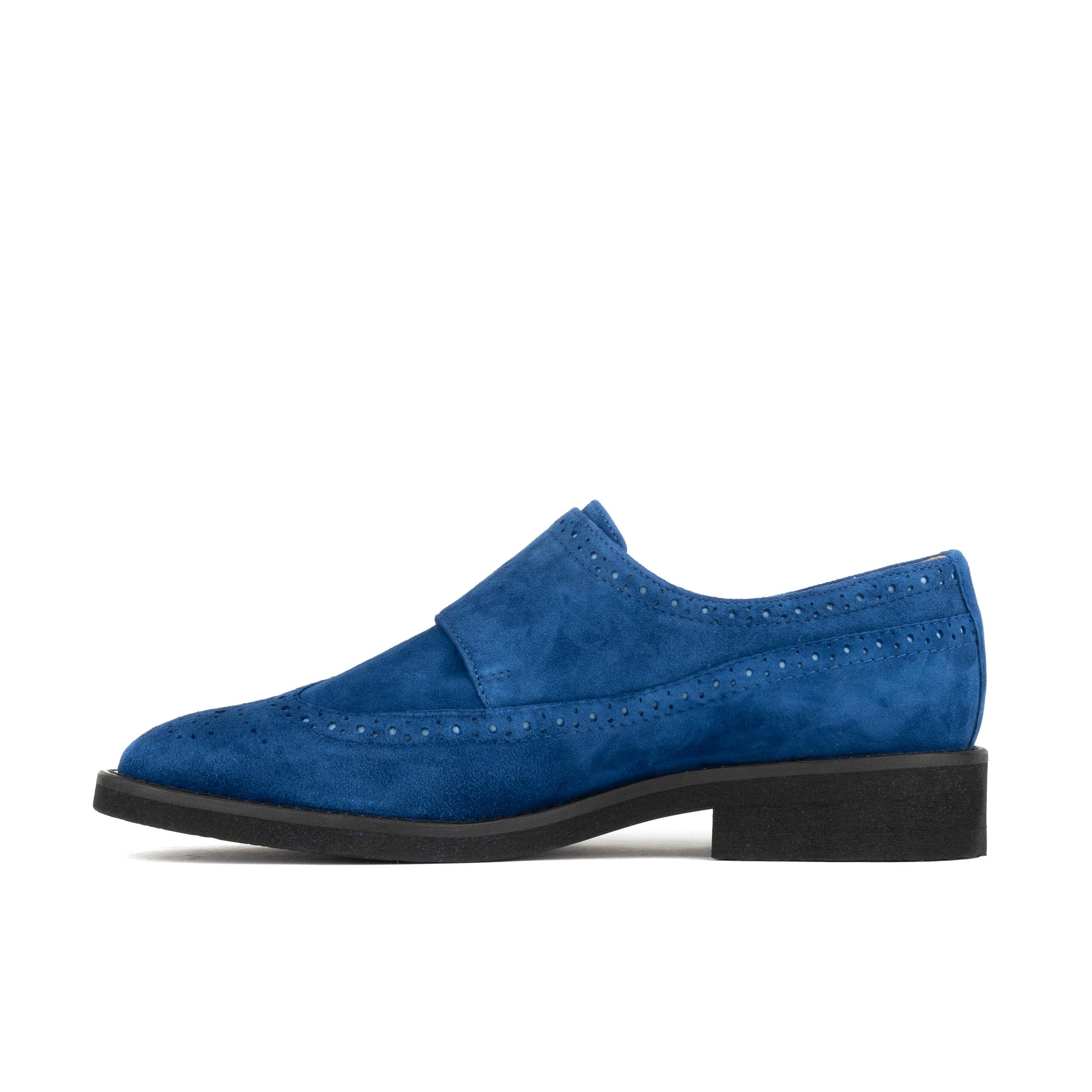 Windsor - Blue - Women's blue suede leather monk shoe with brogue detailing