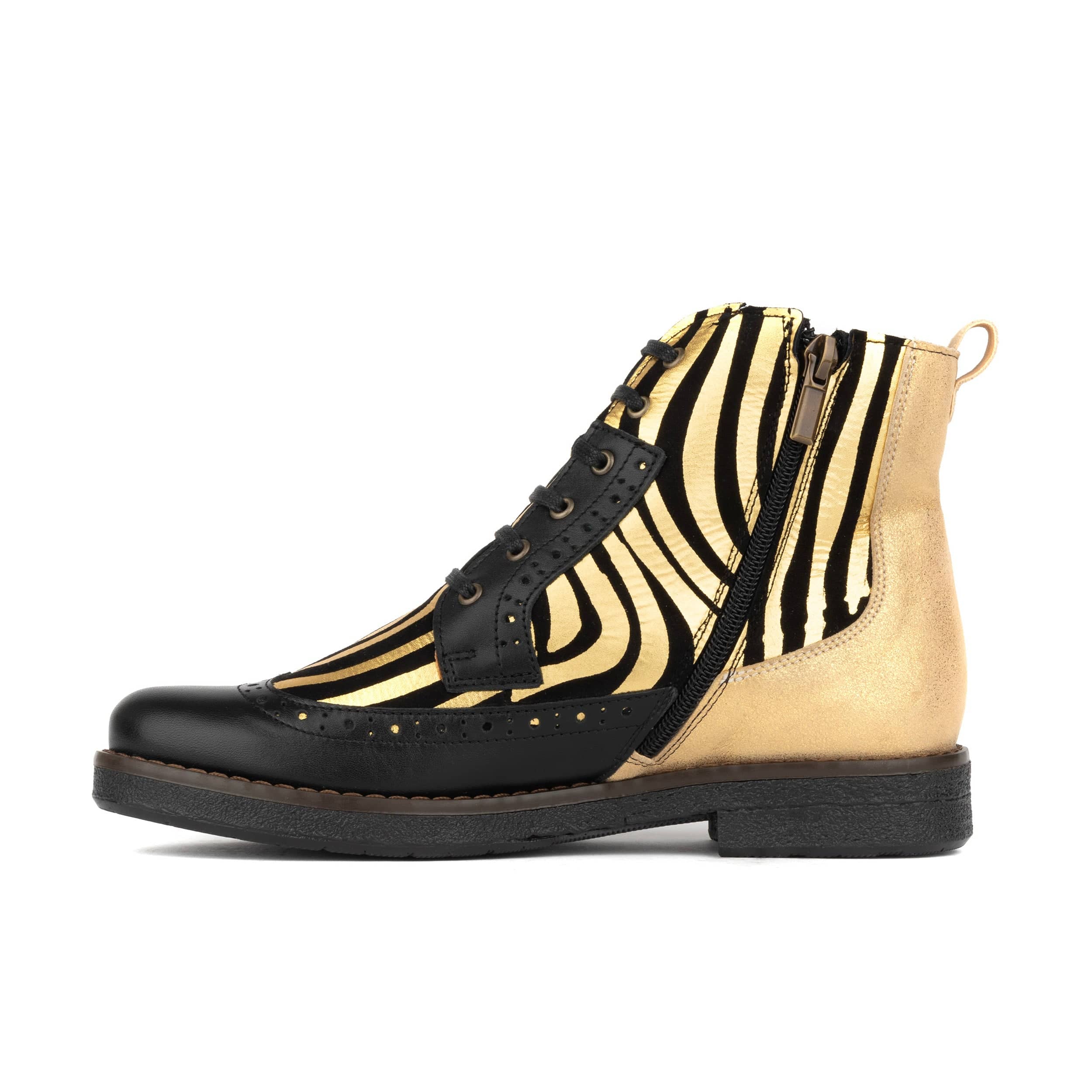 Hatter - Black & Gold Stripes - Women's Leather Ankle Lace-up Boot with gold foil zebra stripes