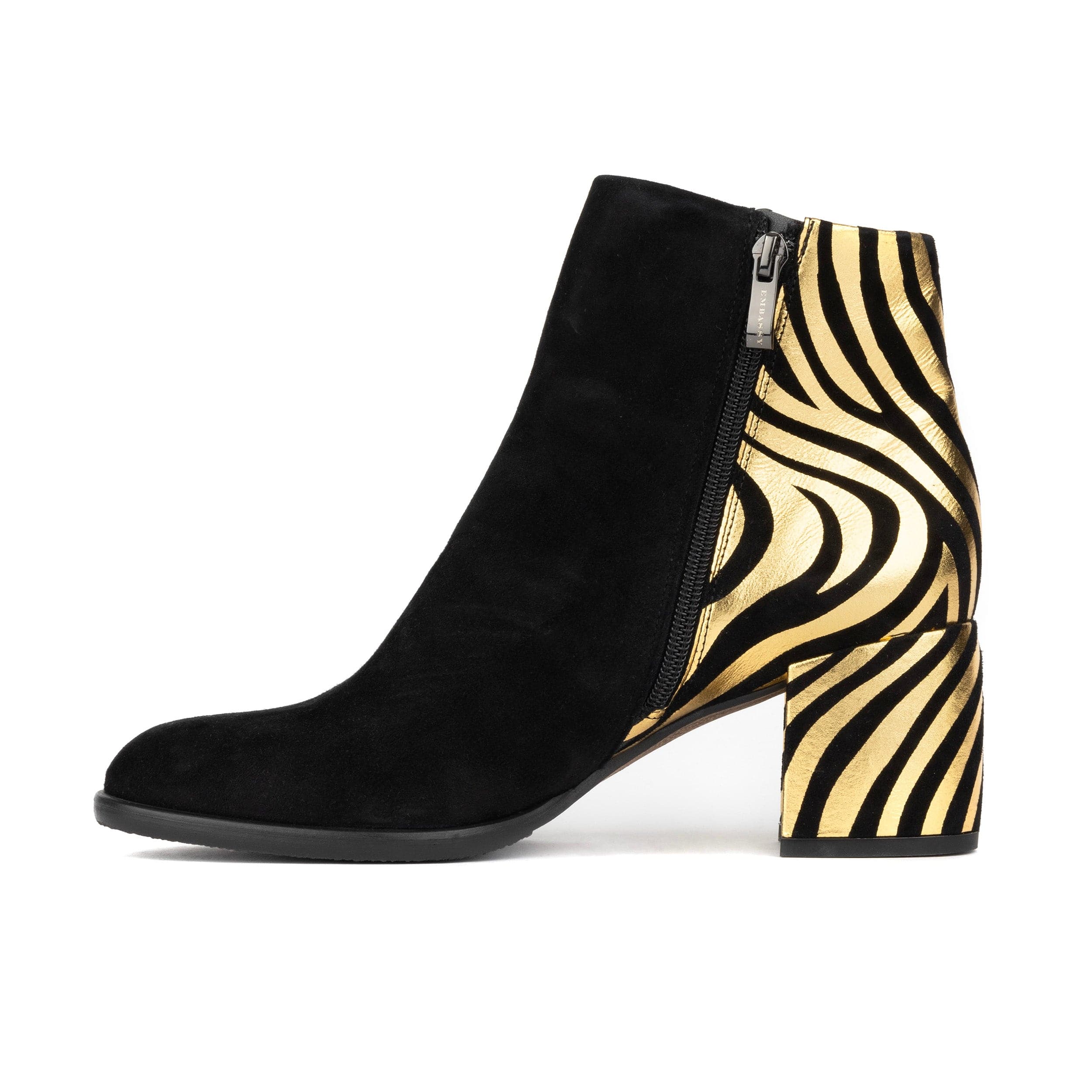 Impala - Black & Gold - Women's Suede Ankle Boot with Block Heel & Gold Foil Zebra Stripes