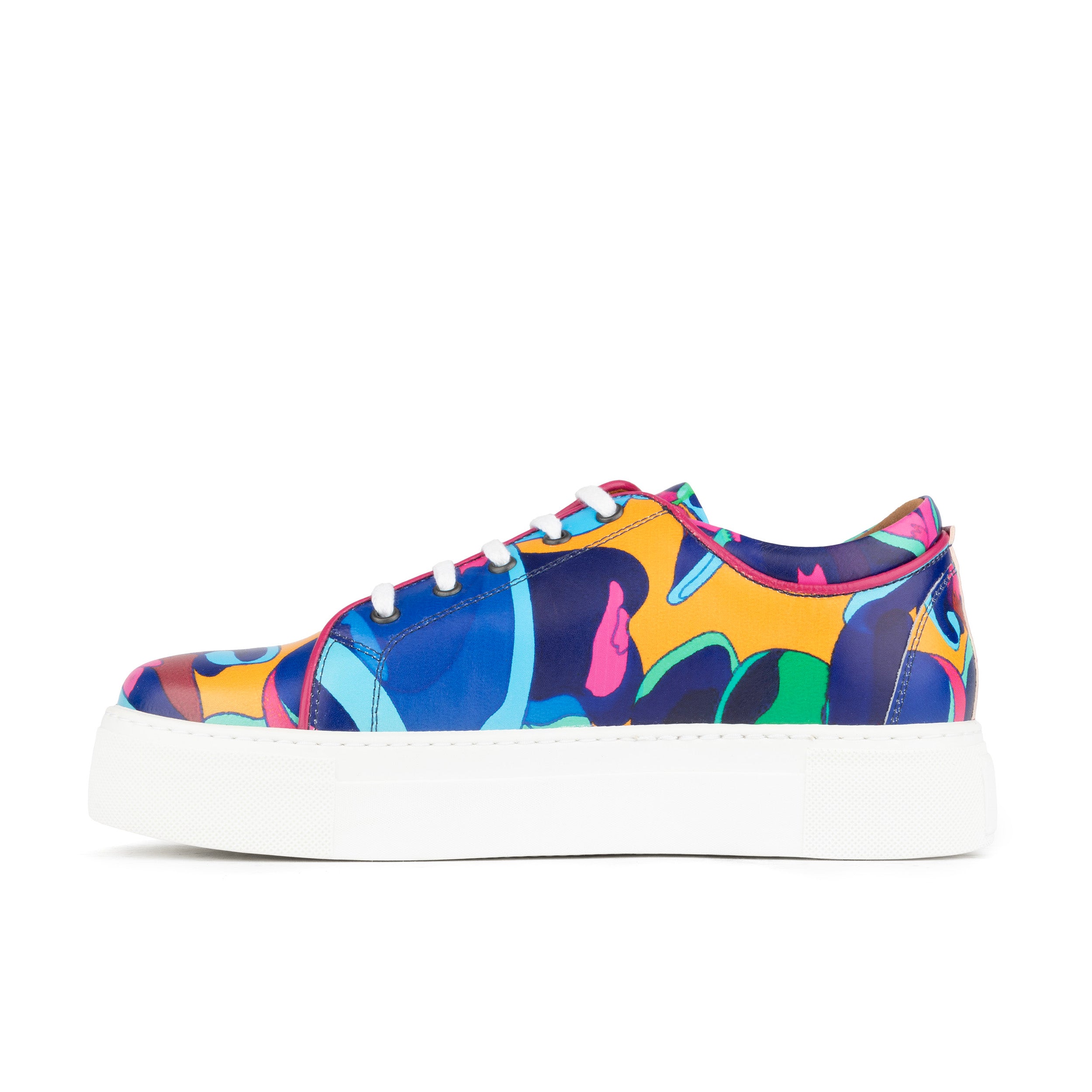 Camila - Blue & Pink Jungle - Women's platform sole leather lace-up trainer