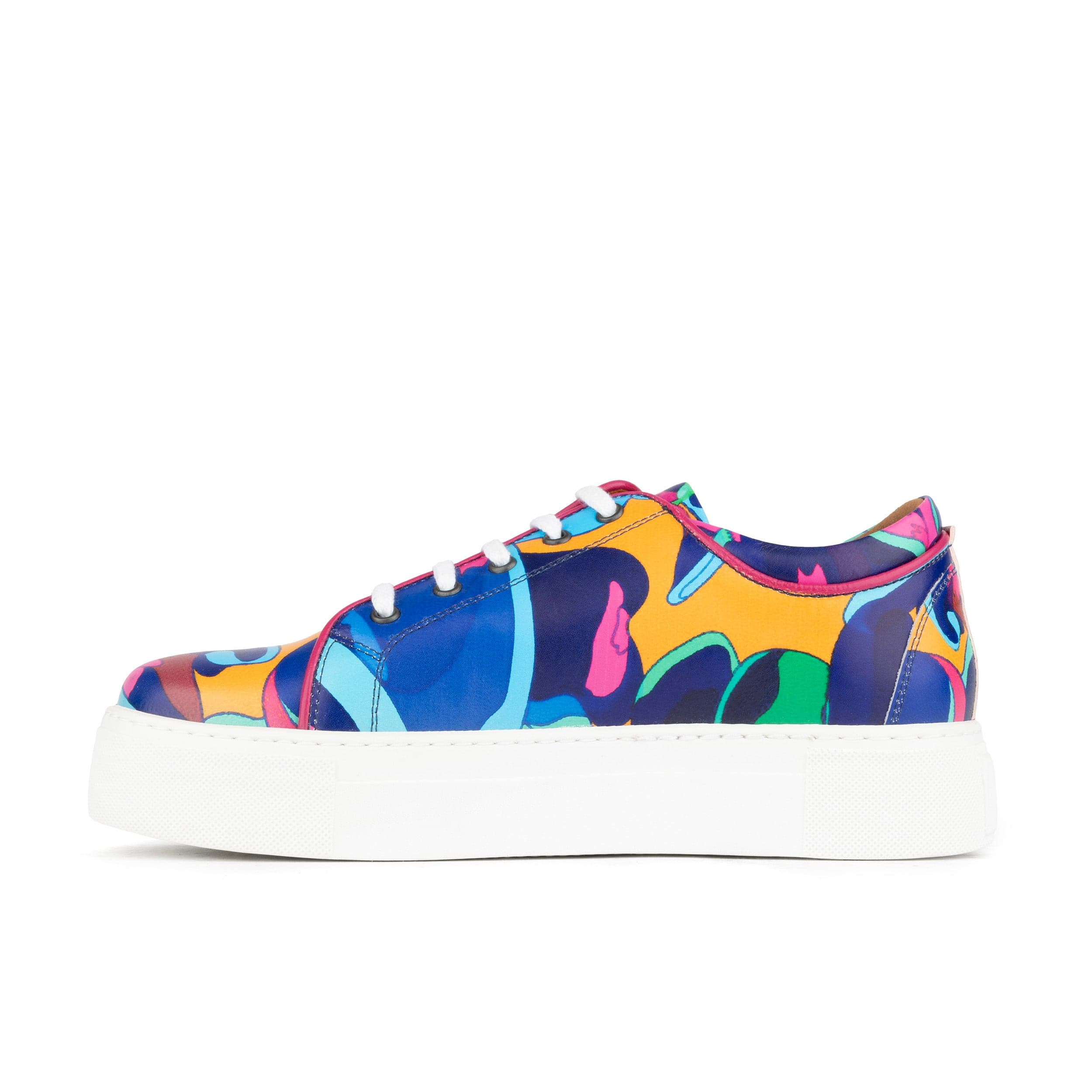 Camila - Blue & Pink Jungle - Women's platform sole leather lace-up trainer