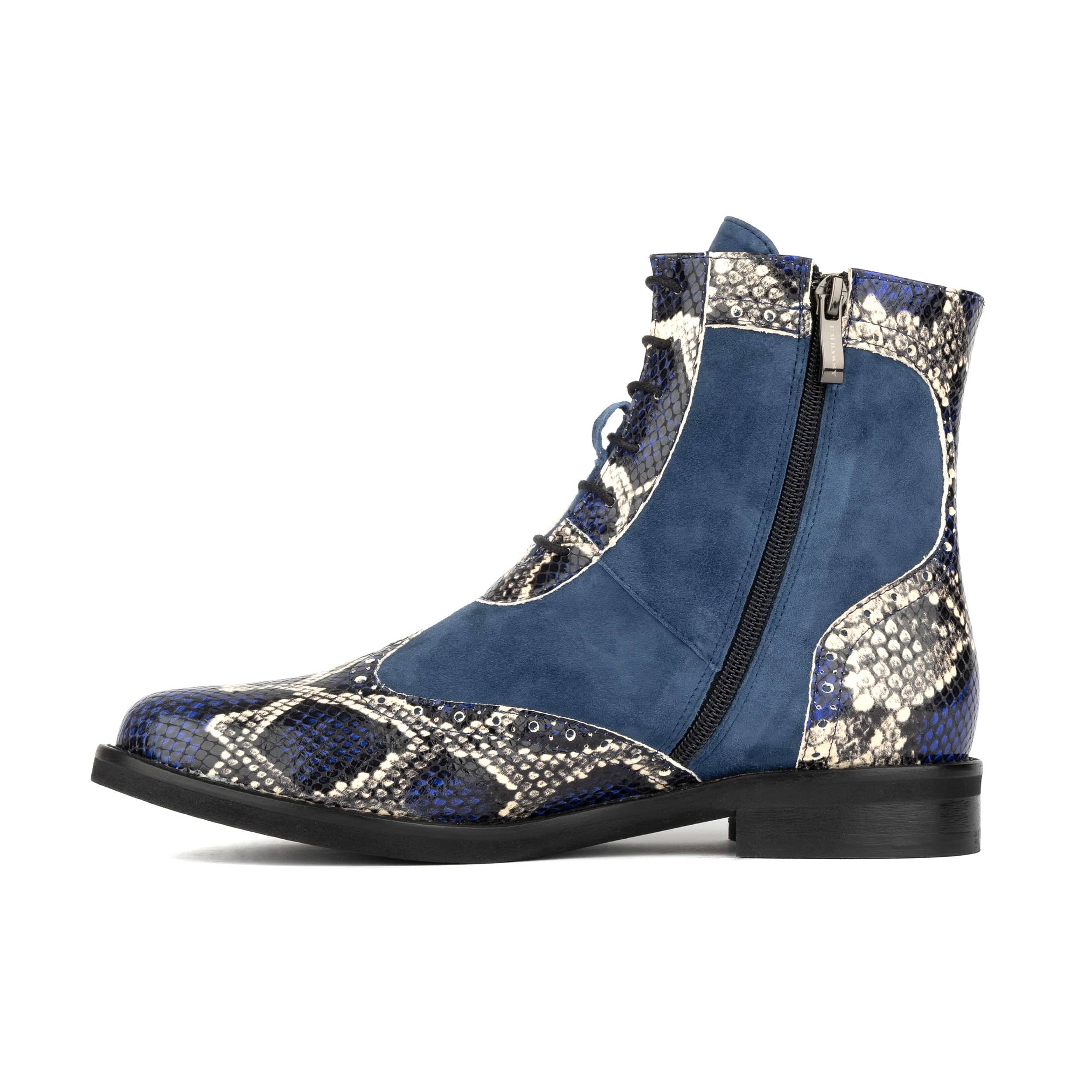 Mantis - Blue Snake - Women's above-the-ankle lace-up boot with brogue & snake print detailing
