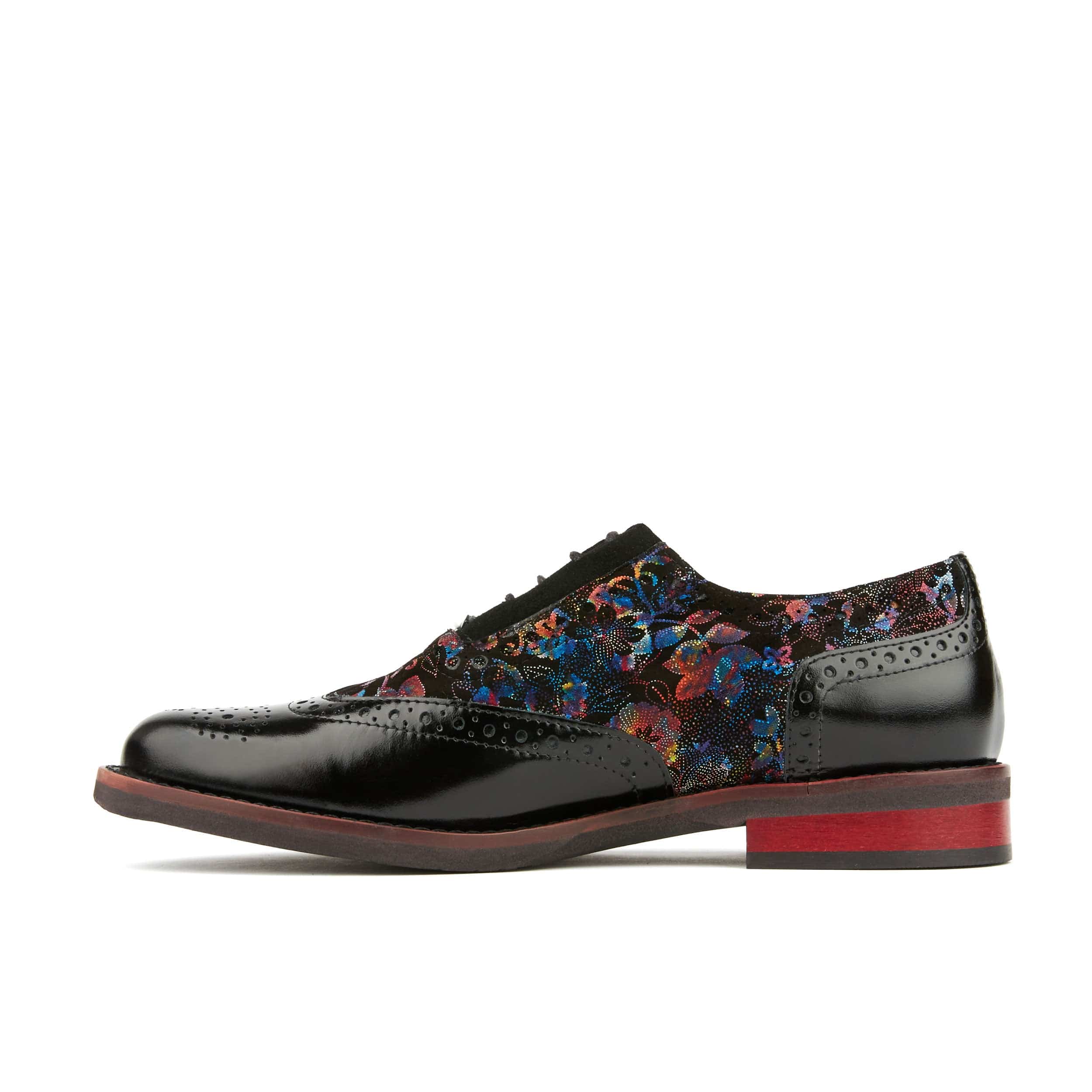 Vivienne - Black Flower - Women's oxford lace-up shoe with brogue details