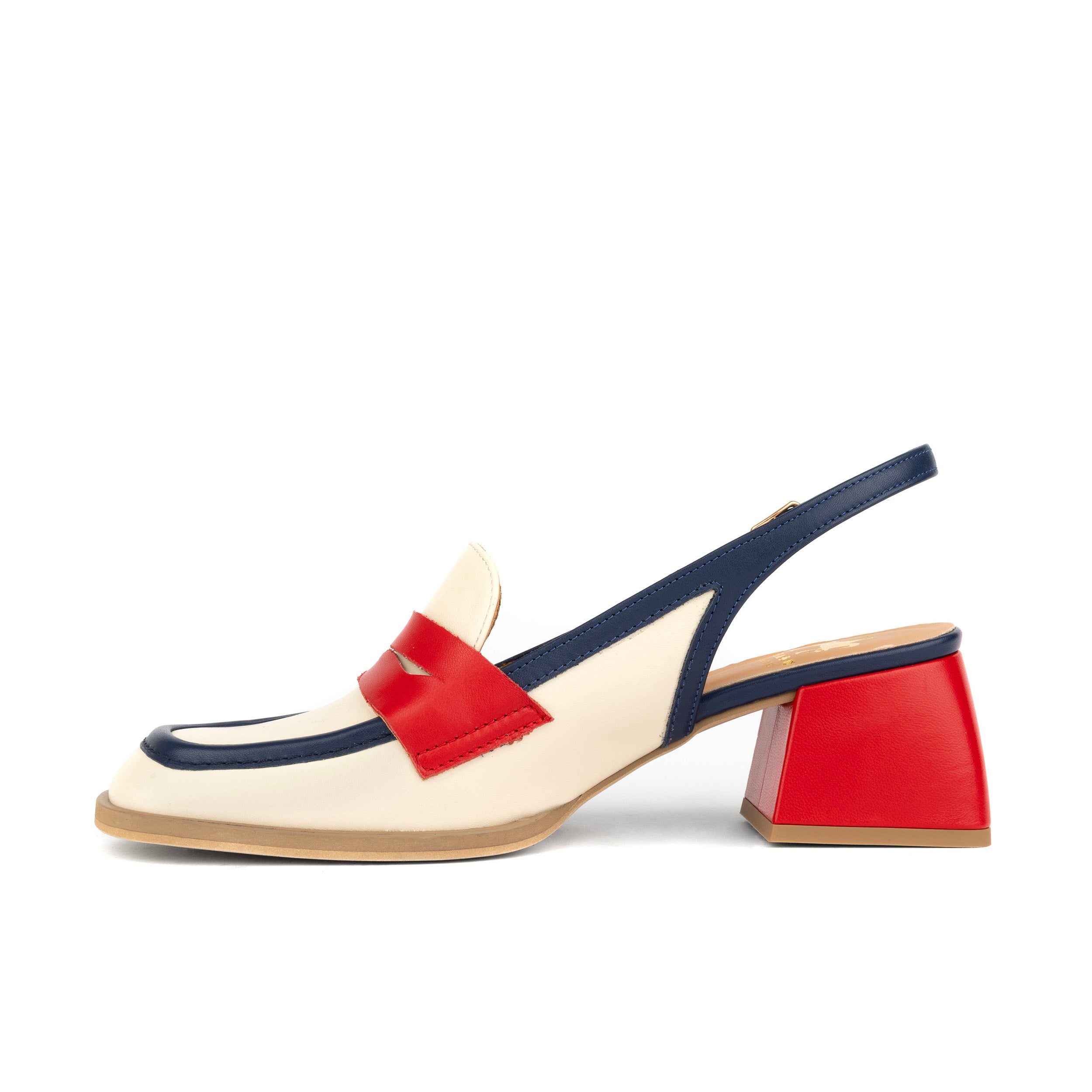 Diana - Cream & Red & Blue - Women's block heel slingback leather pump