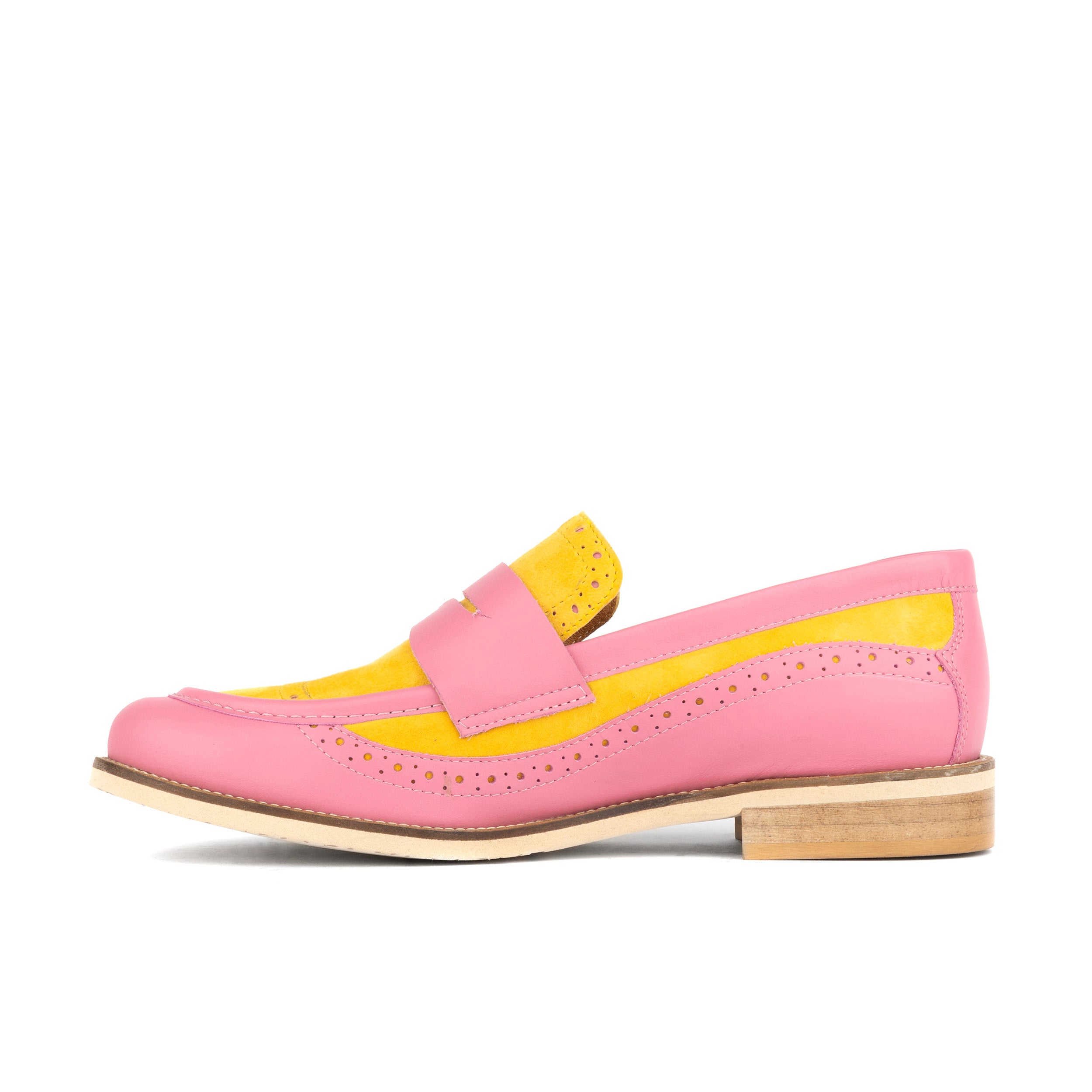 Angelina - Pink & Yellow - Women's Leather Almond Toe Penny Loafer with Broguing