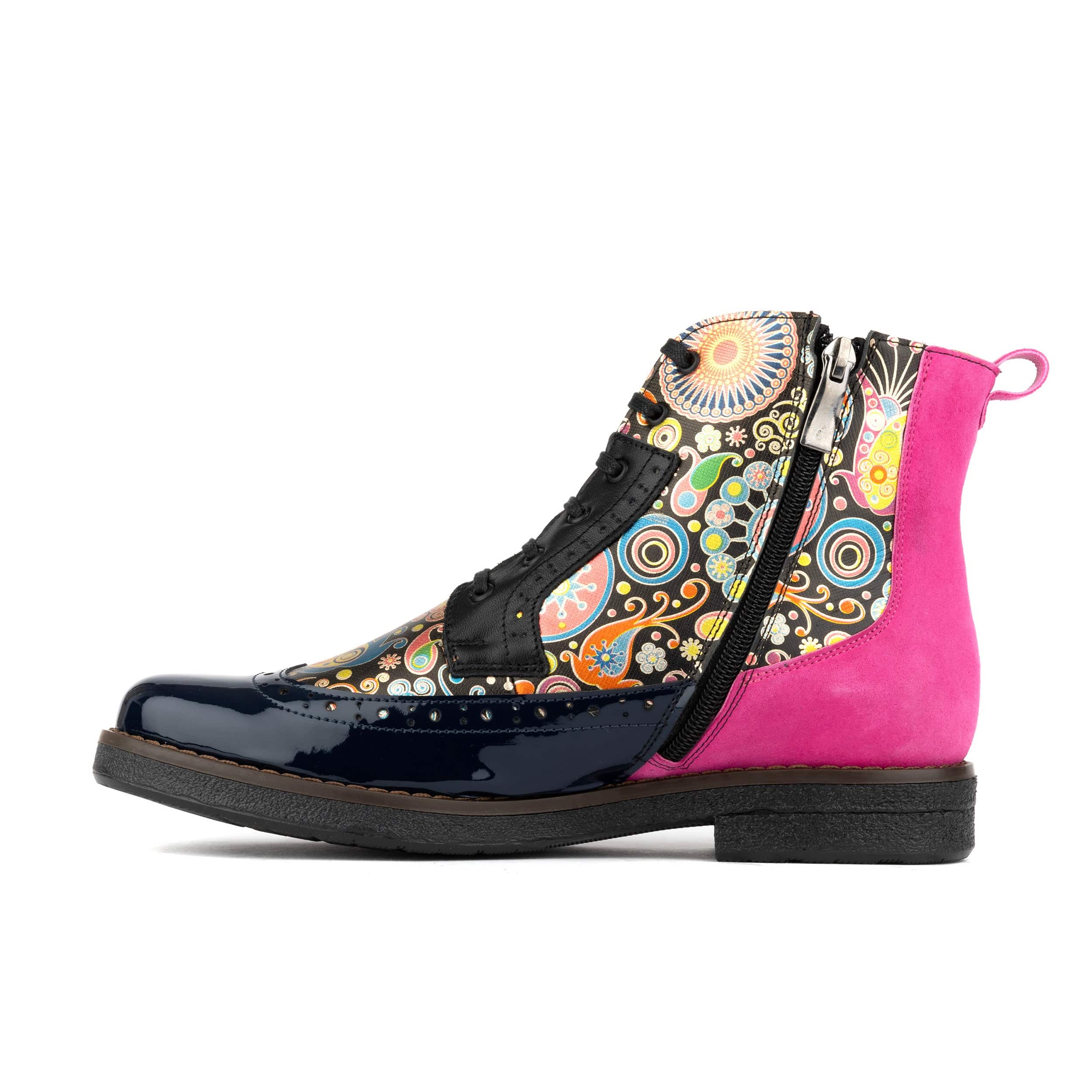 Hatter - Navy Pink - Women's higher ankle leather boot with brogue styling