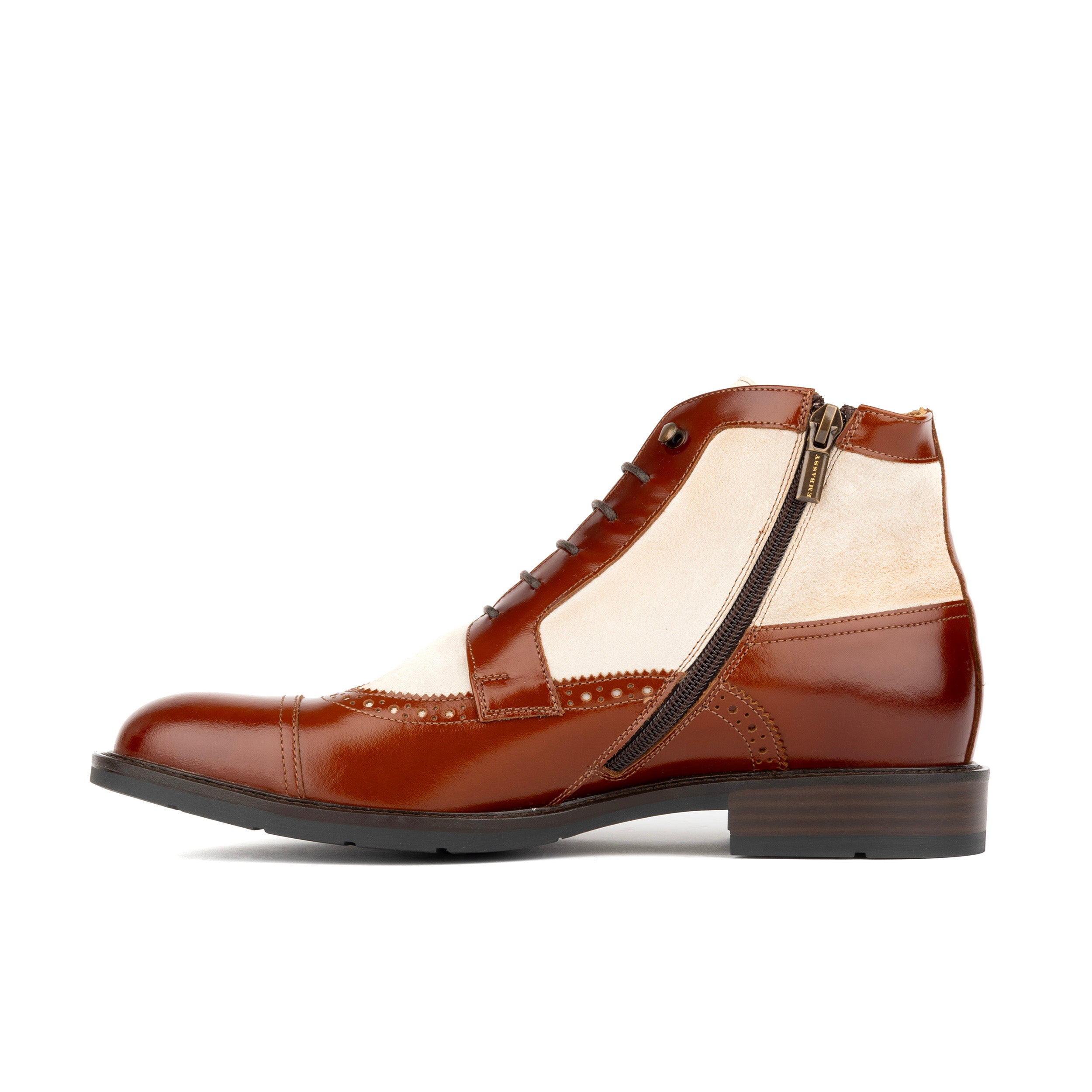 Charles - Light Tan & Cream - Men's Toe-Cap Dressy Leather & Suede Boot with Brogue Details