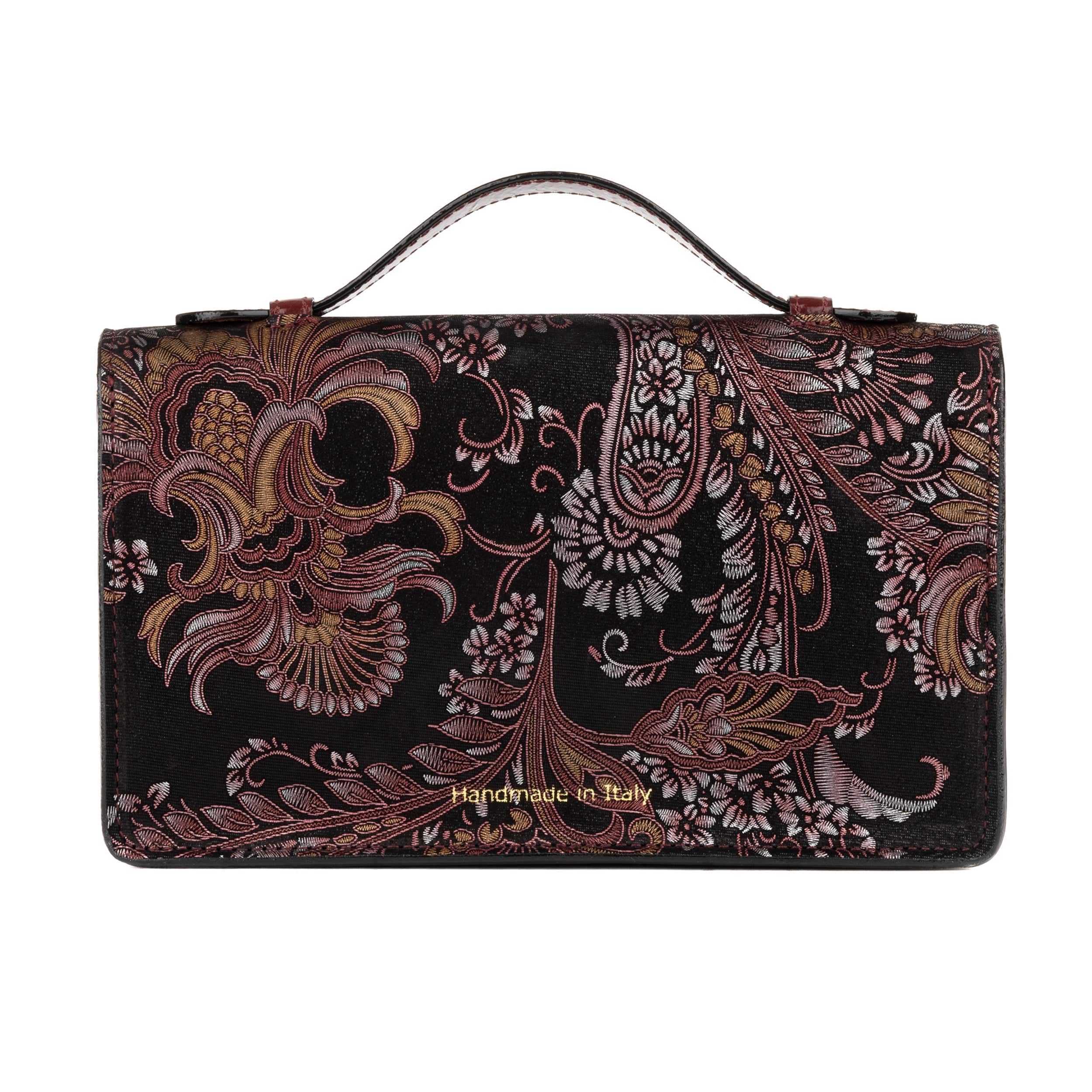 Envy - Floral & Burgundy - Women's leather flap clutch bag with strap