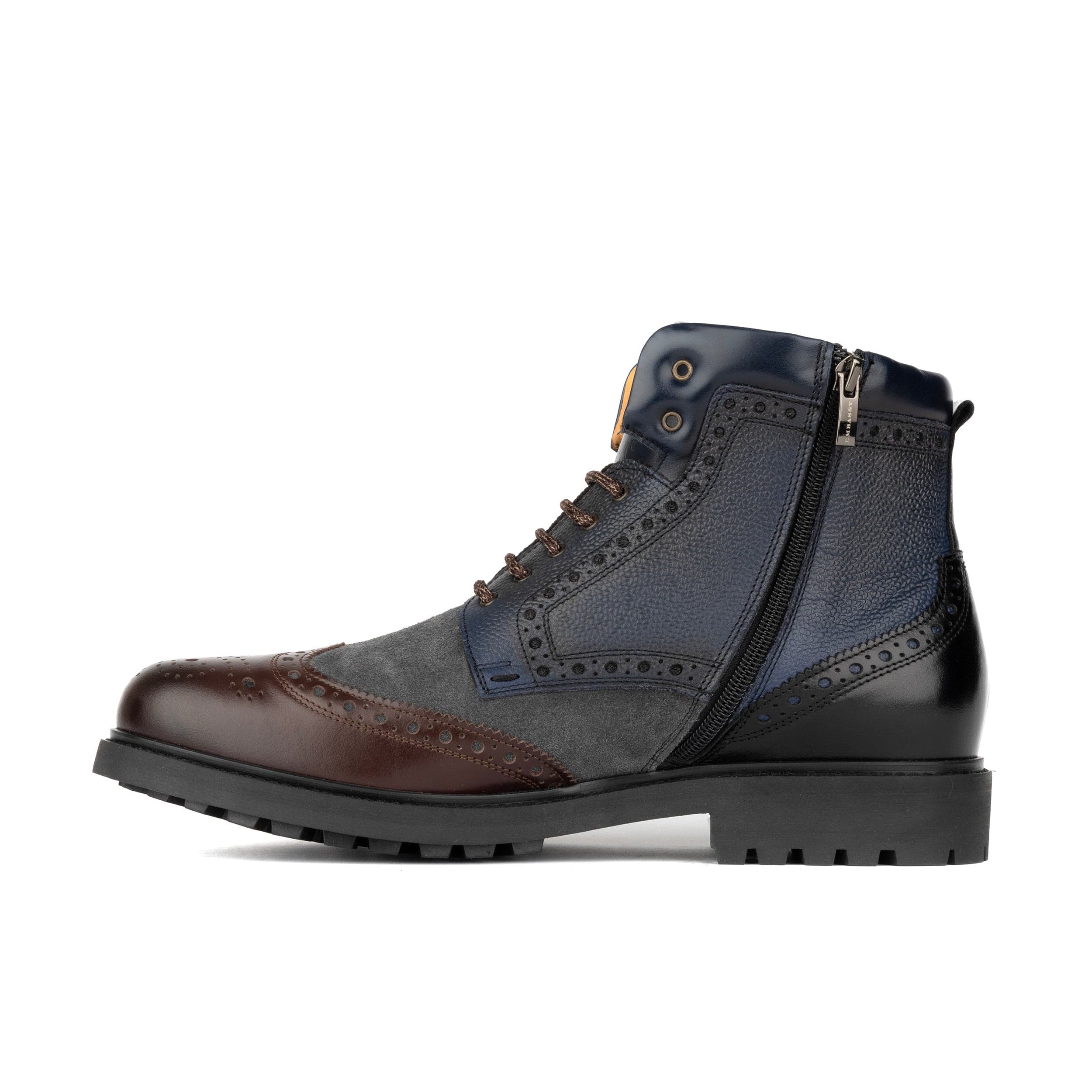Wanderer - Navy & Grey & Burgundy - Men's leather combat style side zipper boot in brown