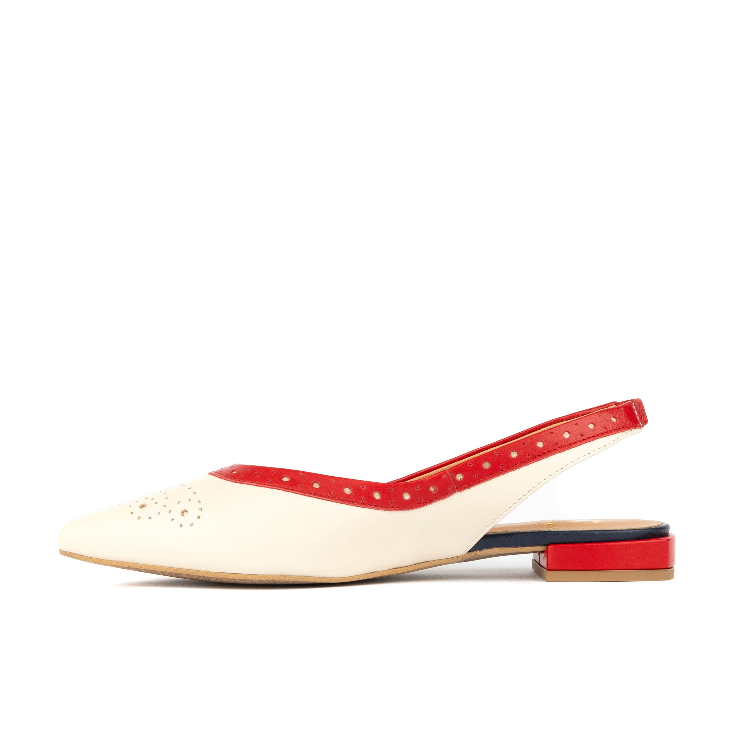 Holly Brogue - Cream & Red & Blue - Women's Leather Flat Slingback