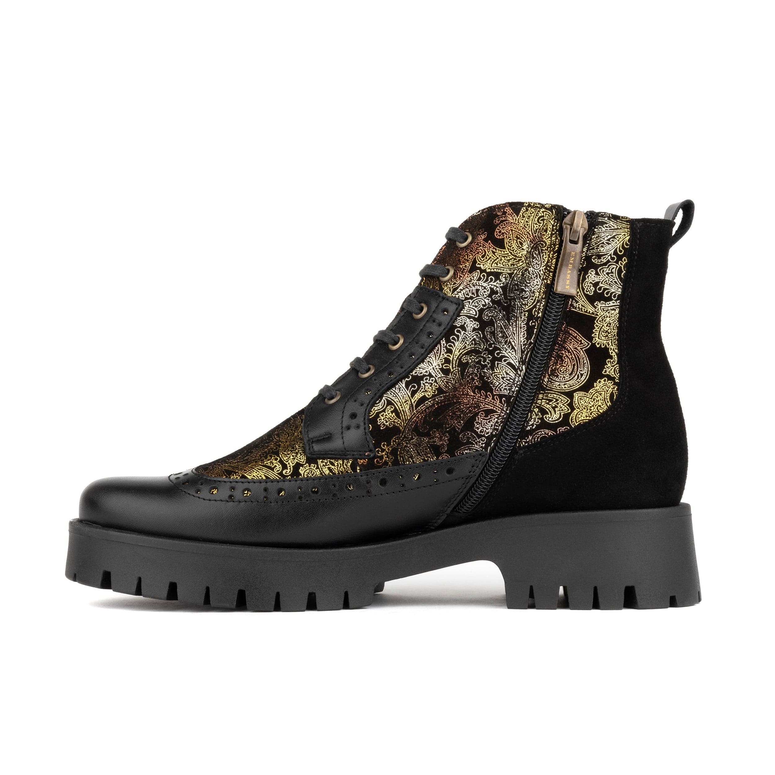 Hatter Platform - Black & Floral - Women's Leather ankle Lace-up Boot with chunky cleated sole