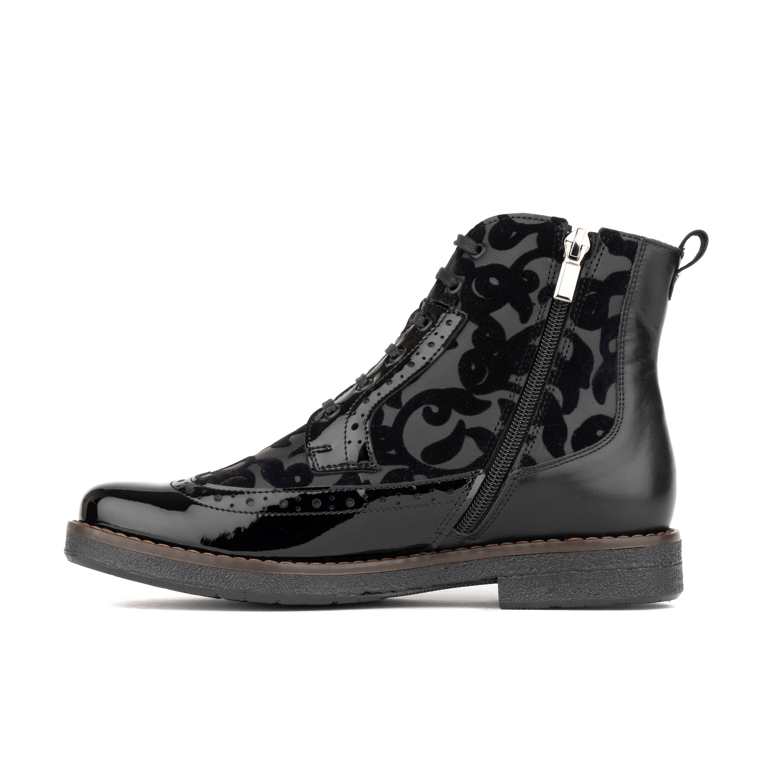 Hatter - Black Floral - Women's zip up and lace up ankle boot with brogue styling