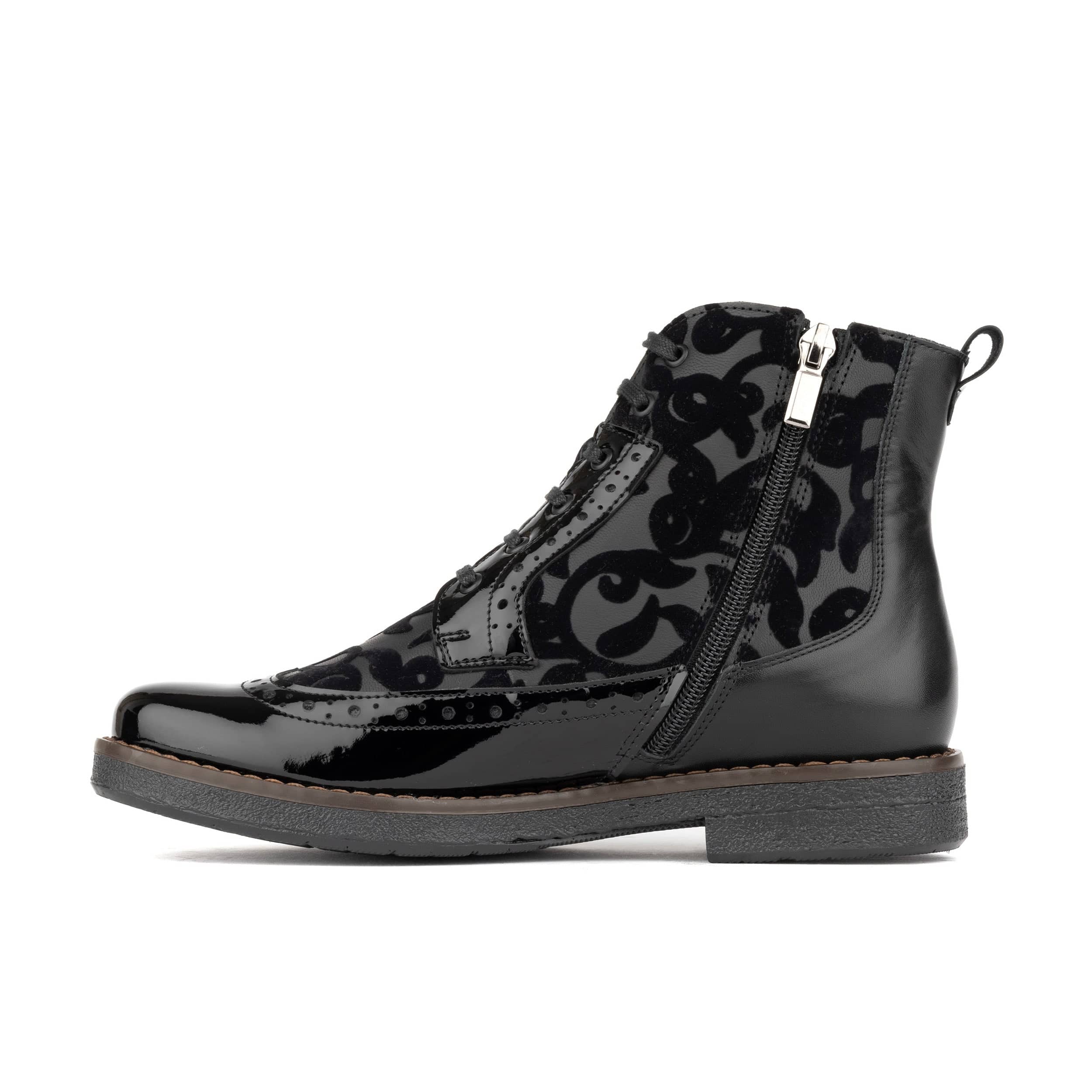 Hatter - Black Floral - Women's zip up and lace up ankle boot with brogue styling