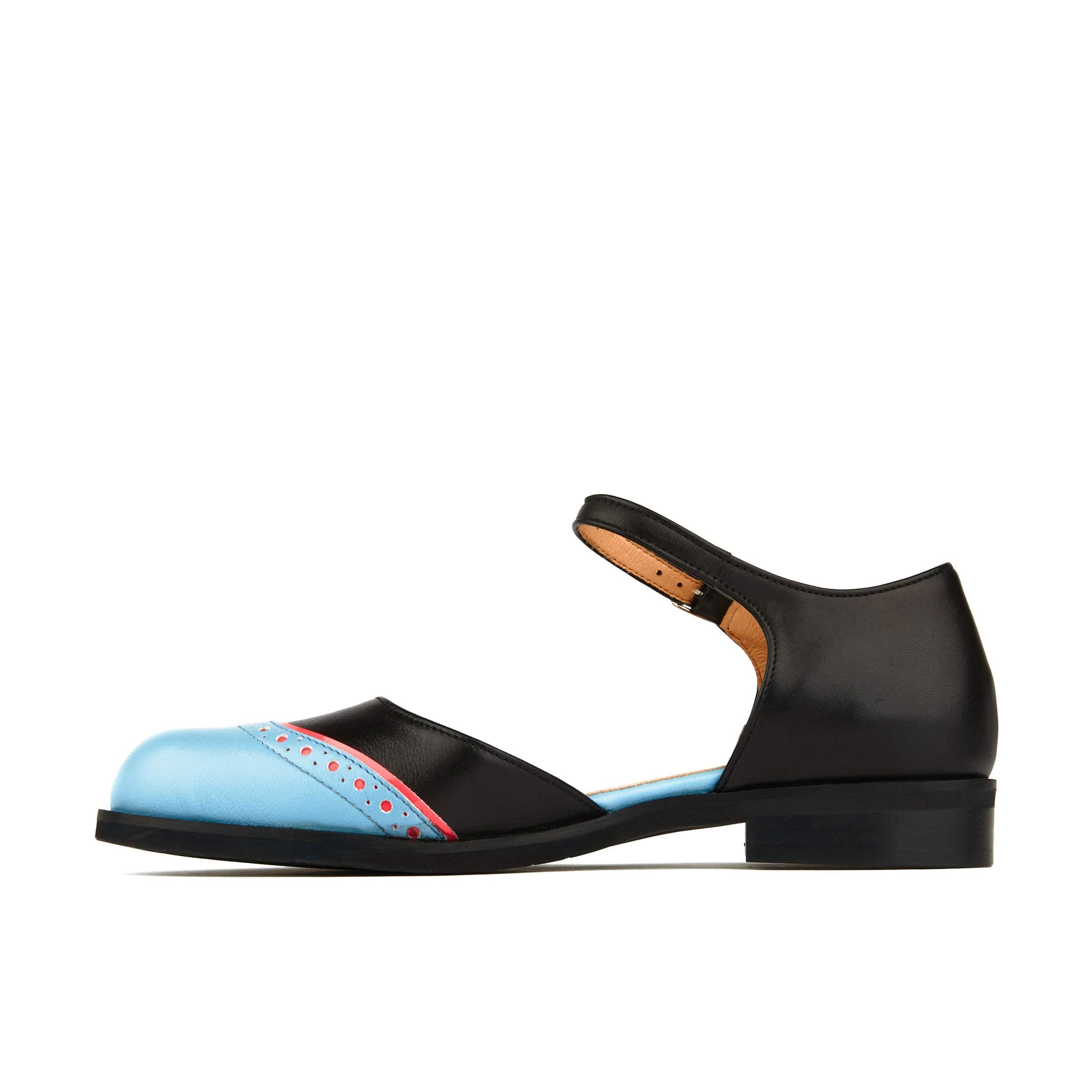 Gigot - Black & Aqua - Women's closed heel and round toe leather flat sandal