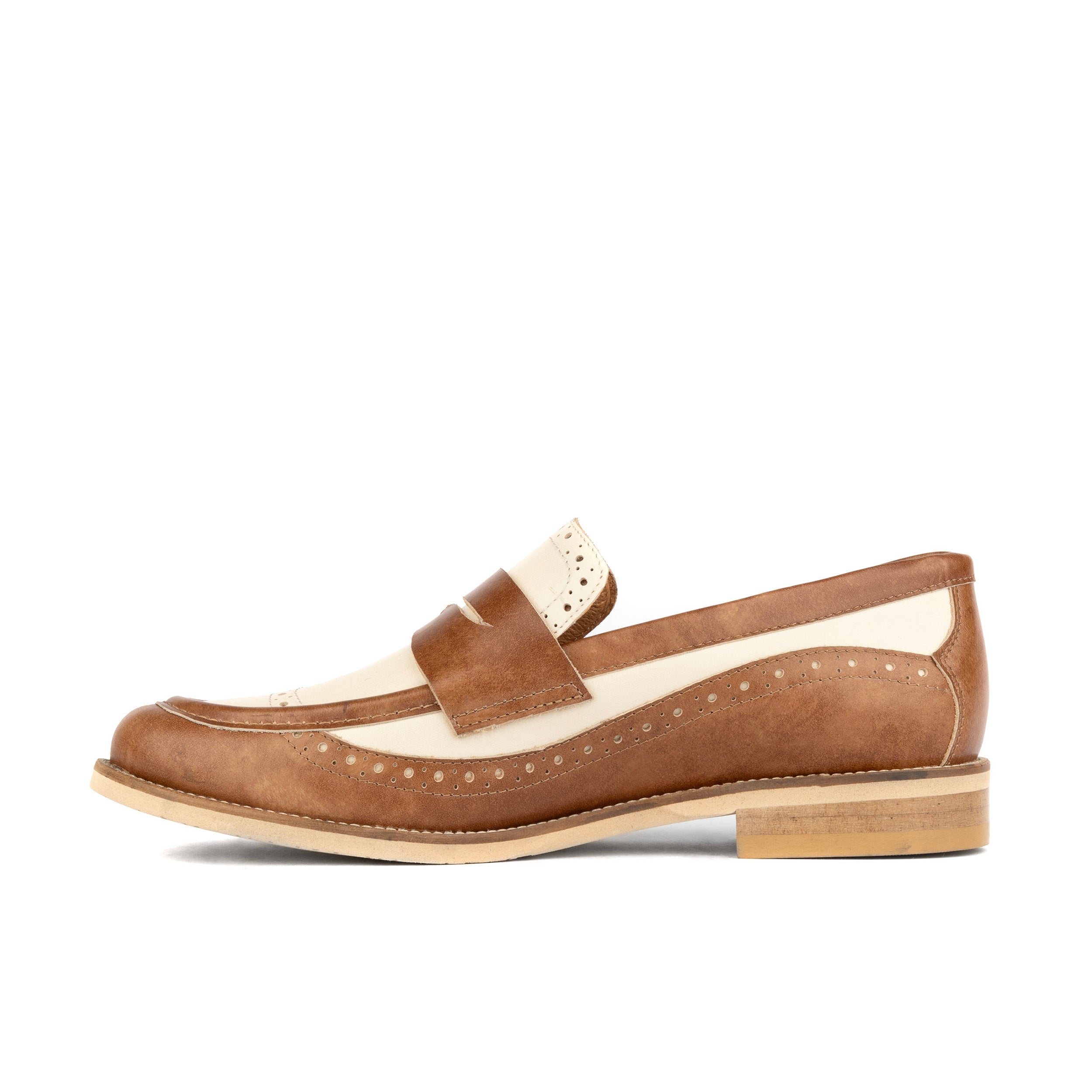Angelina - Tan & Cream - Women's leather almond toe penny loafer with broguing