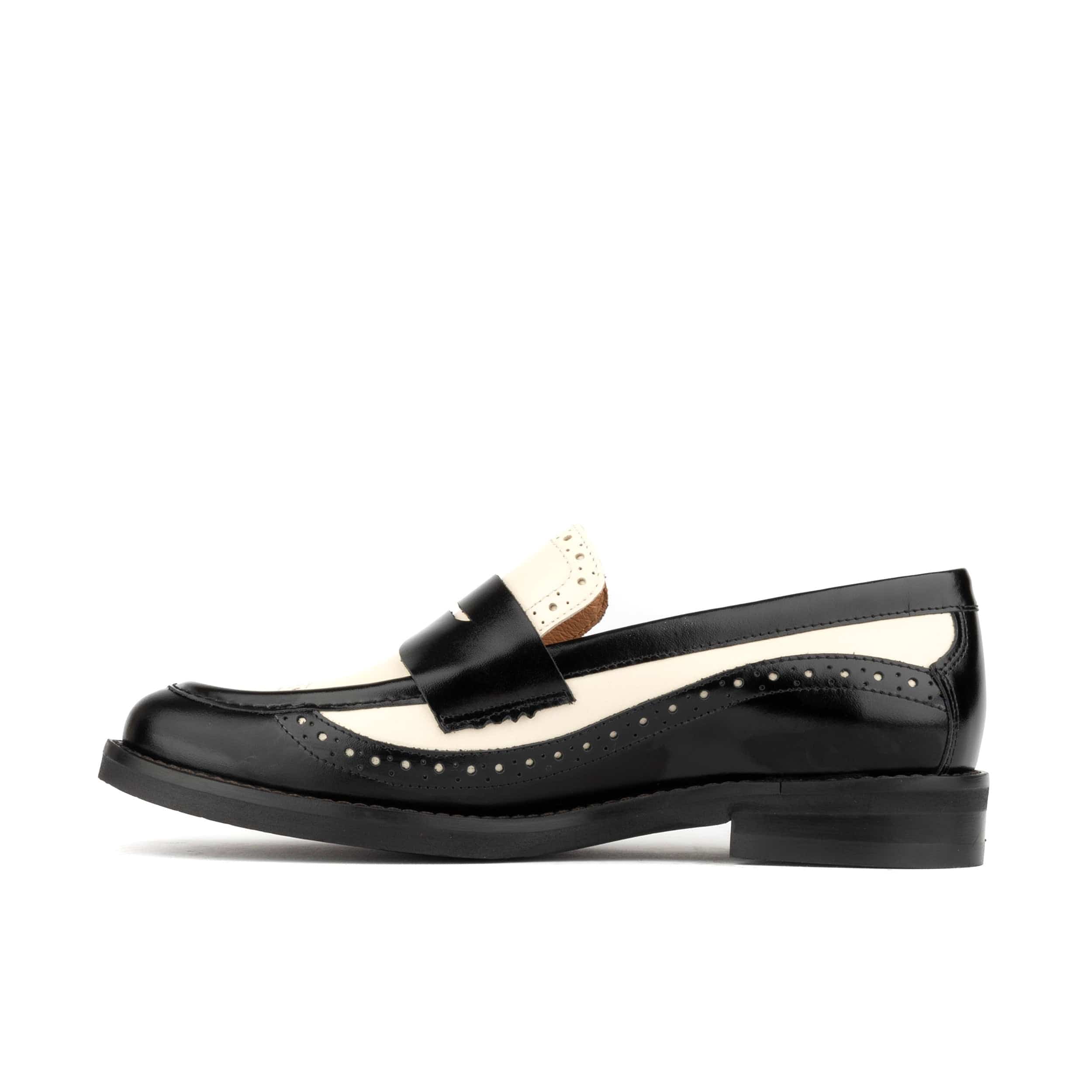 Angelina - Black & Cream - Women's leather almond toe penny loafer with broguing