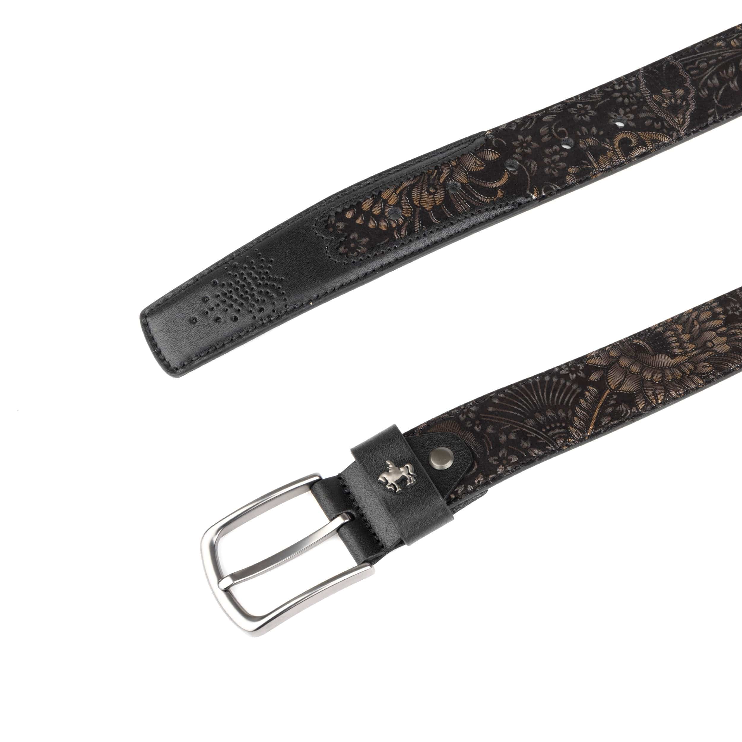 Alec - Black Gold - Men's quality leather belt with dark silver metal buckle