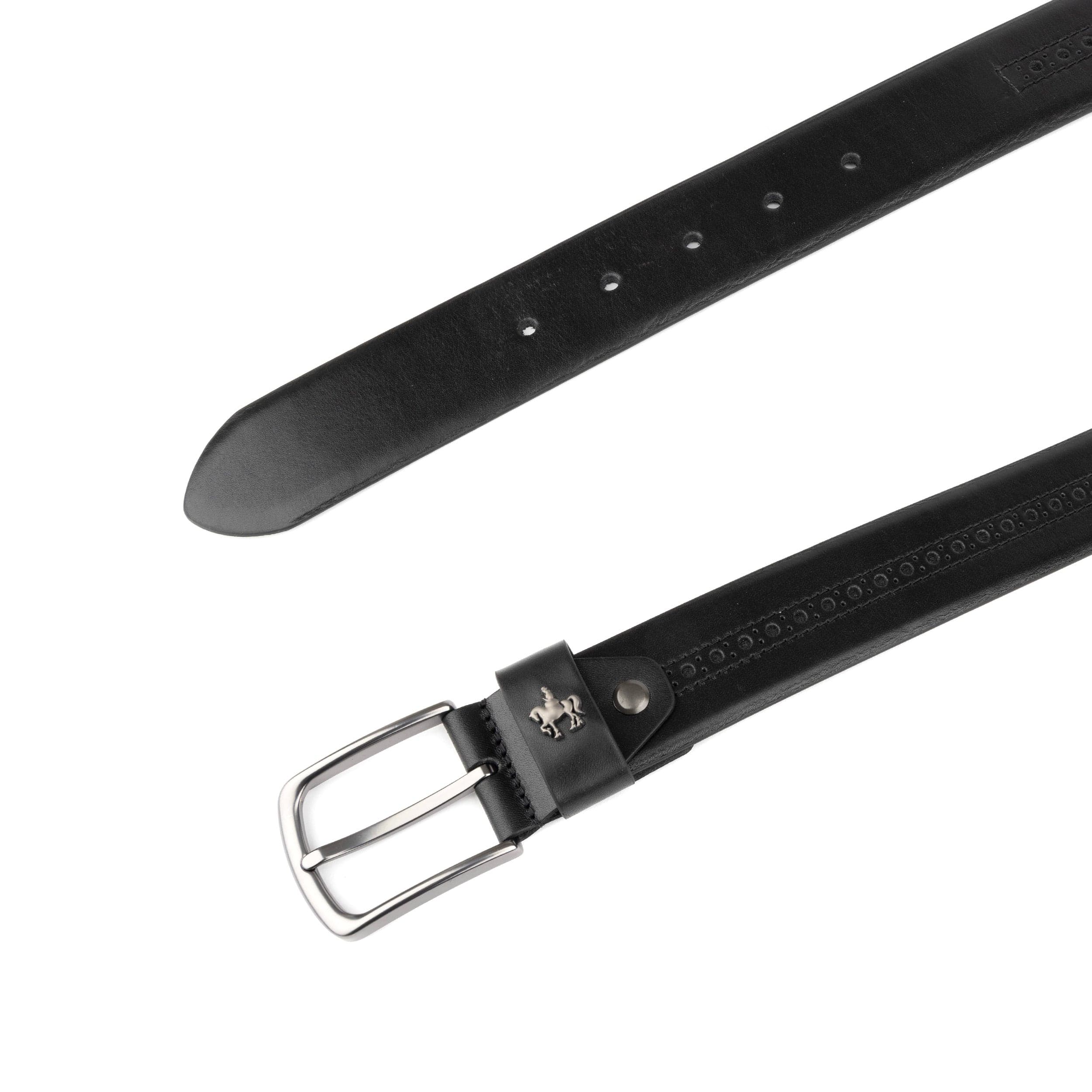 Scott - Black Shine - Men's smooth full-grain black leather belt with broguing