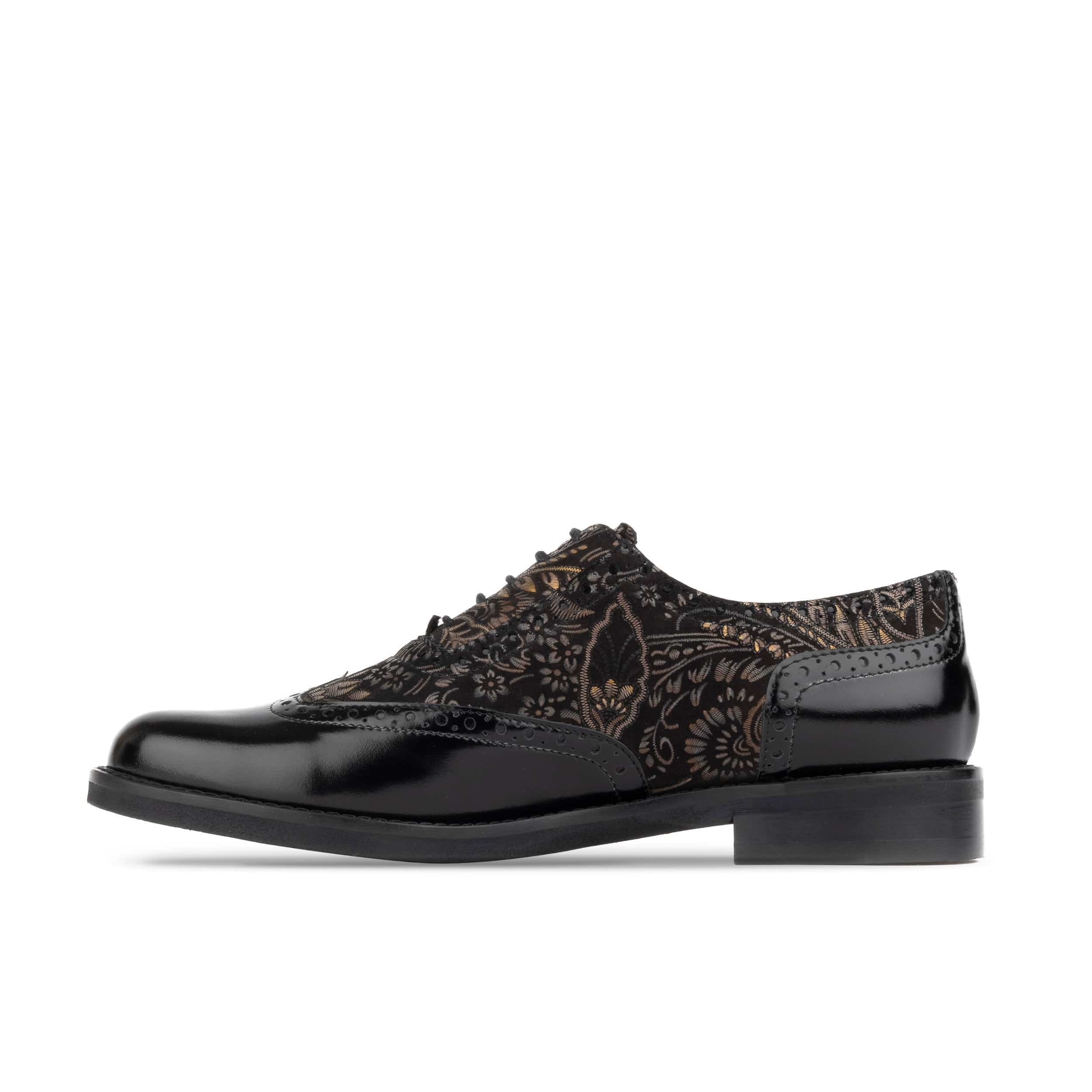 Vivienne - Black & Gold - Women's oxford lace-up shoe with brogue details
