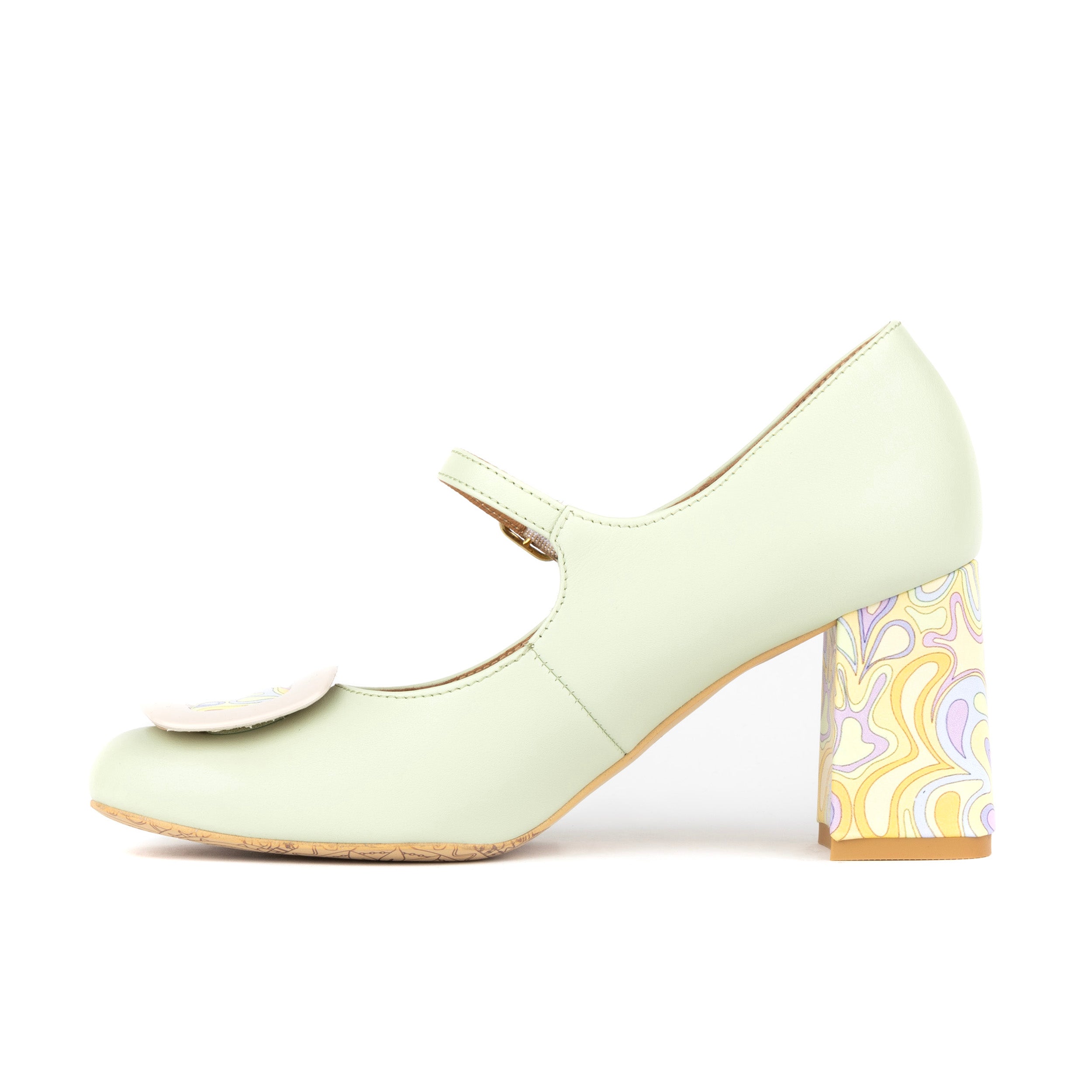 Button - Mint & Multi Pastel Print - Women's Leather Round-toe Mary Jane Pump with Block Heel