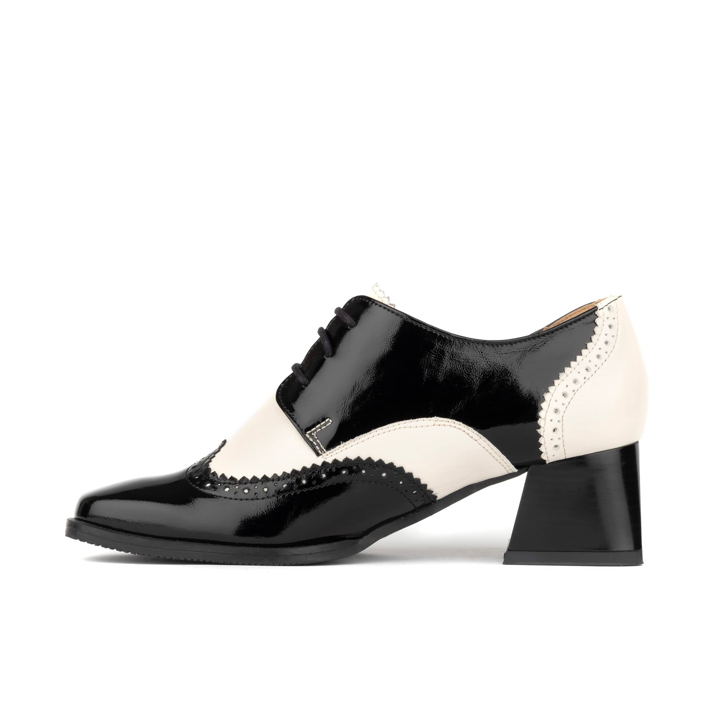 Ziggy - Black & White - Women’s Patent Leather lace-up Brogue Heel