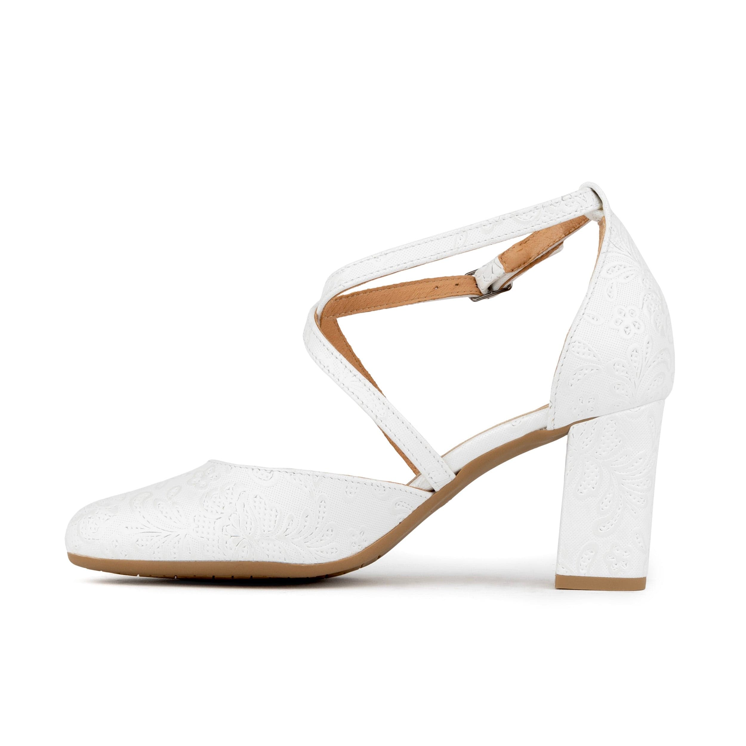 Kylie - Wedding White - Women's leather strappy 3 inch block heel in white floral emboss leather