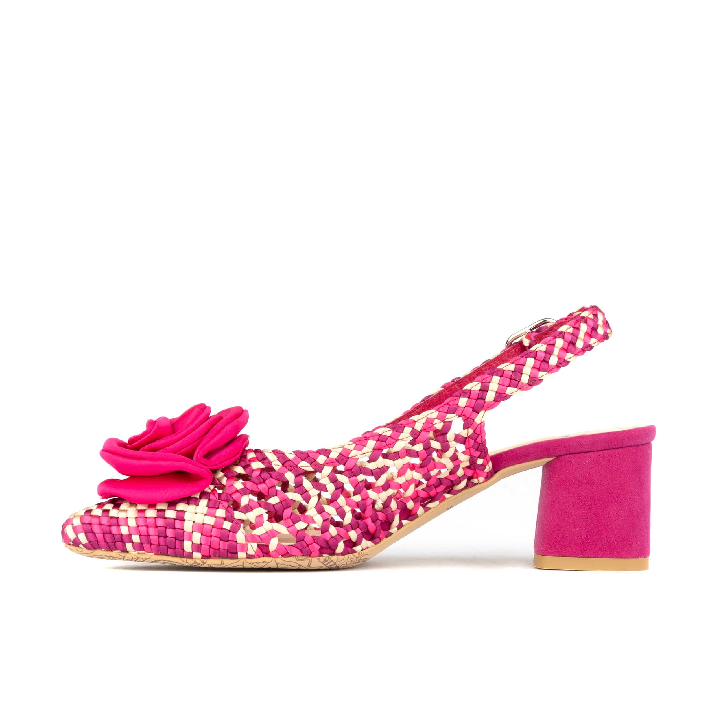 Velora - Pink - Women's mid heel sling back sandal with woven leather upper and satin bow