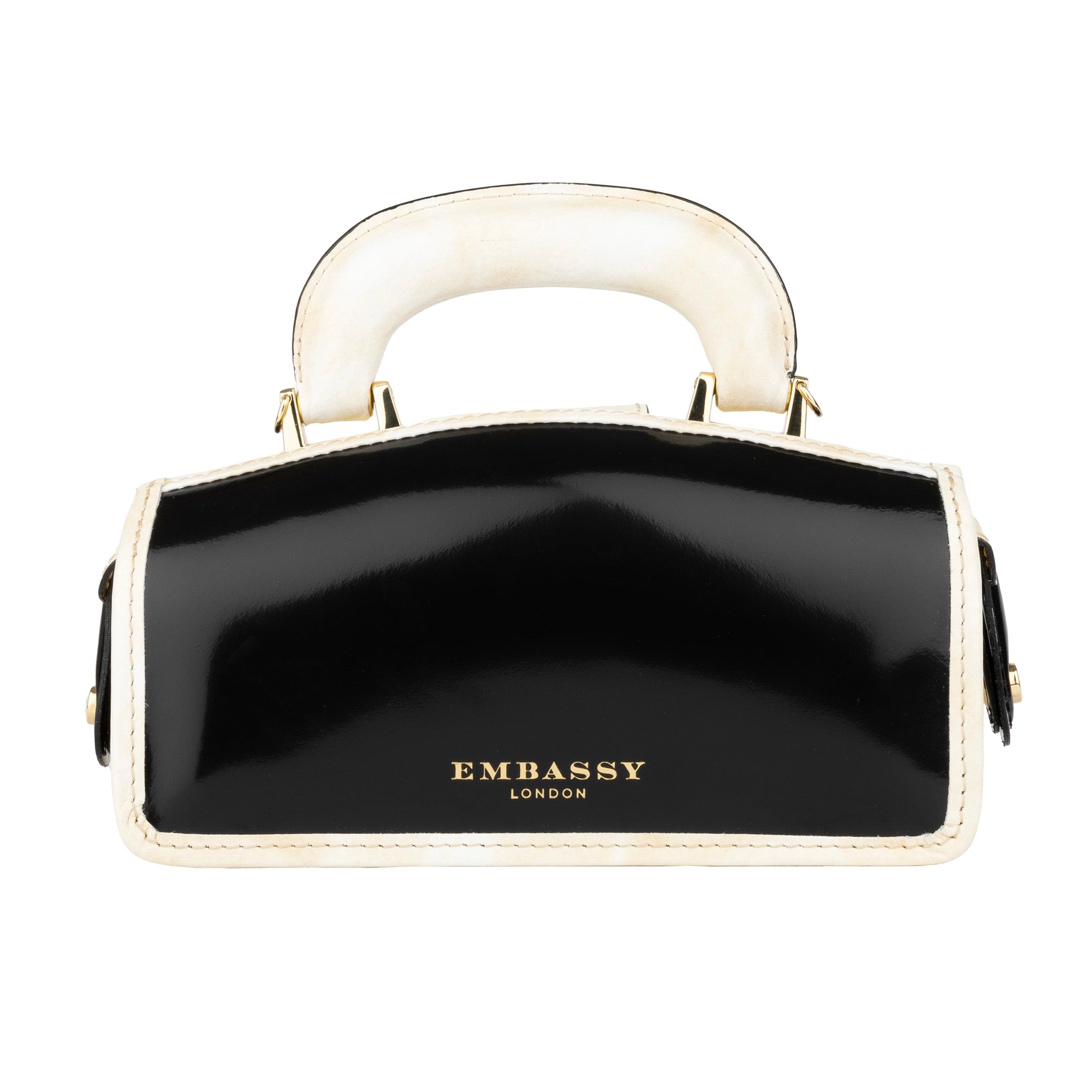 Gazelle Mini - Black & Cream -Women's mini patent clutch bowling bag with handle and strap