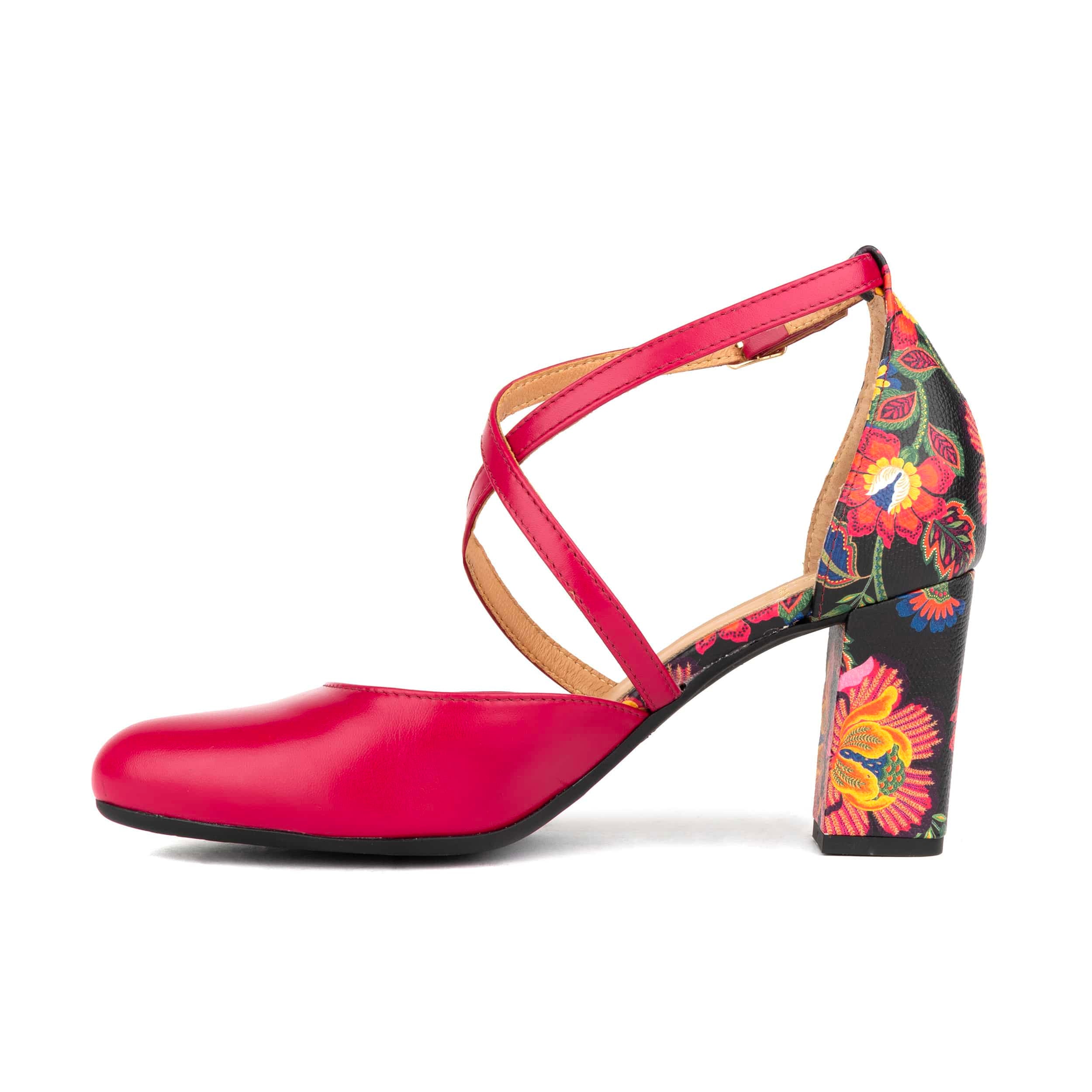 Kylie - Pink & Red Flowers - Women's leather strappy 3 inch block heel