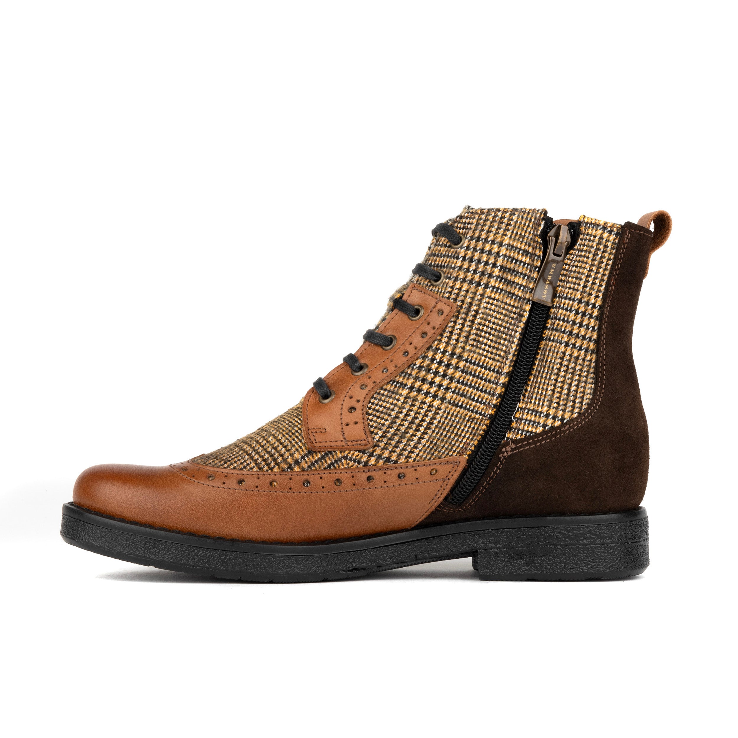 Hatter - Tan & Brown Check - Women's Leather Ankle Lace-up Boot with check details