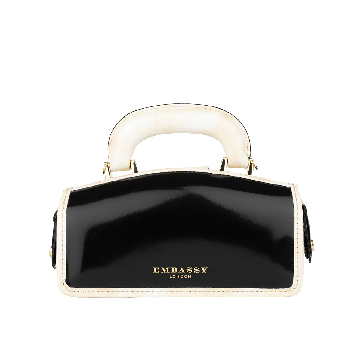 Gazelle Mini - Black & Cream -Women's mini patent clutch bowling bag with handle and strap