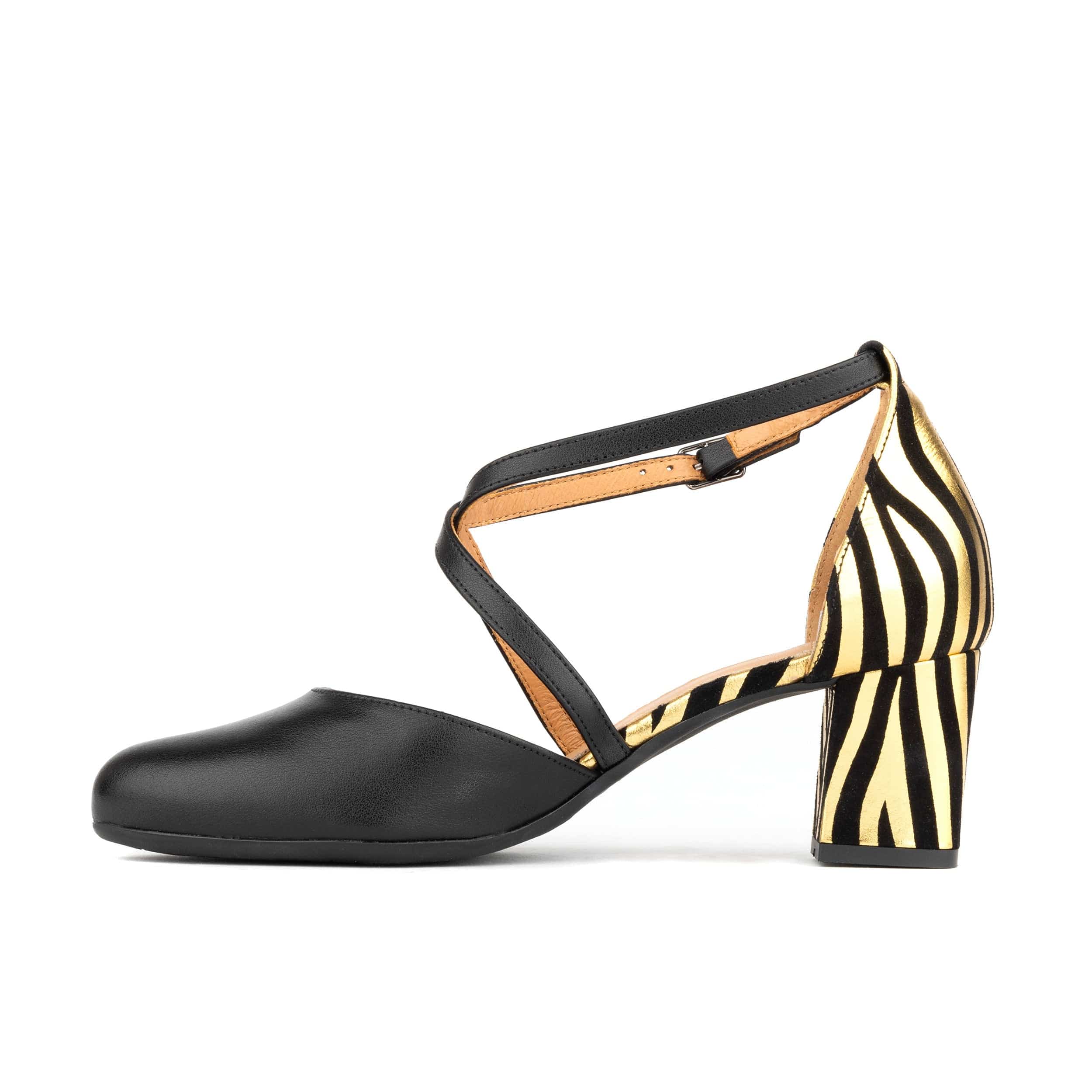 Danni - Black & Gold Stripes - Women's leather closed-toe block heel with gold foil details