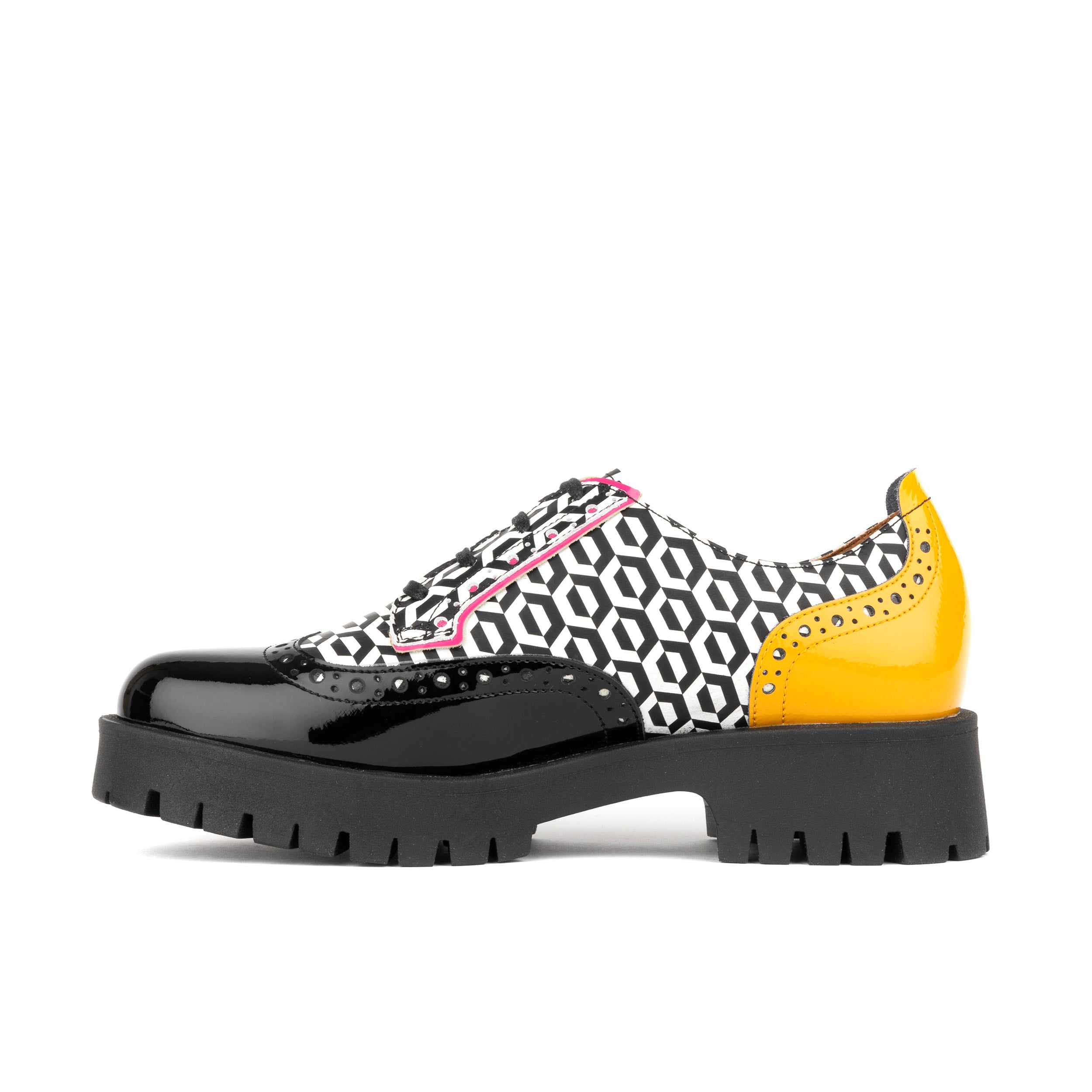 Artisan - Black & Yellow Hexa - Women's Leather Lace-up Shoe with Brogue Detailing