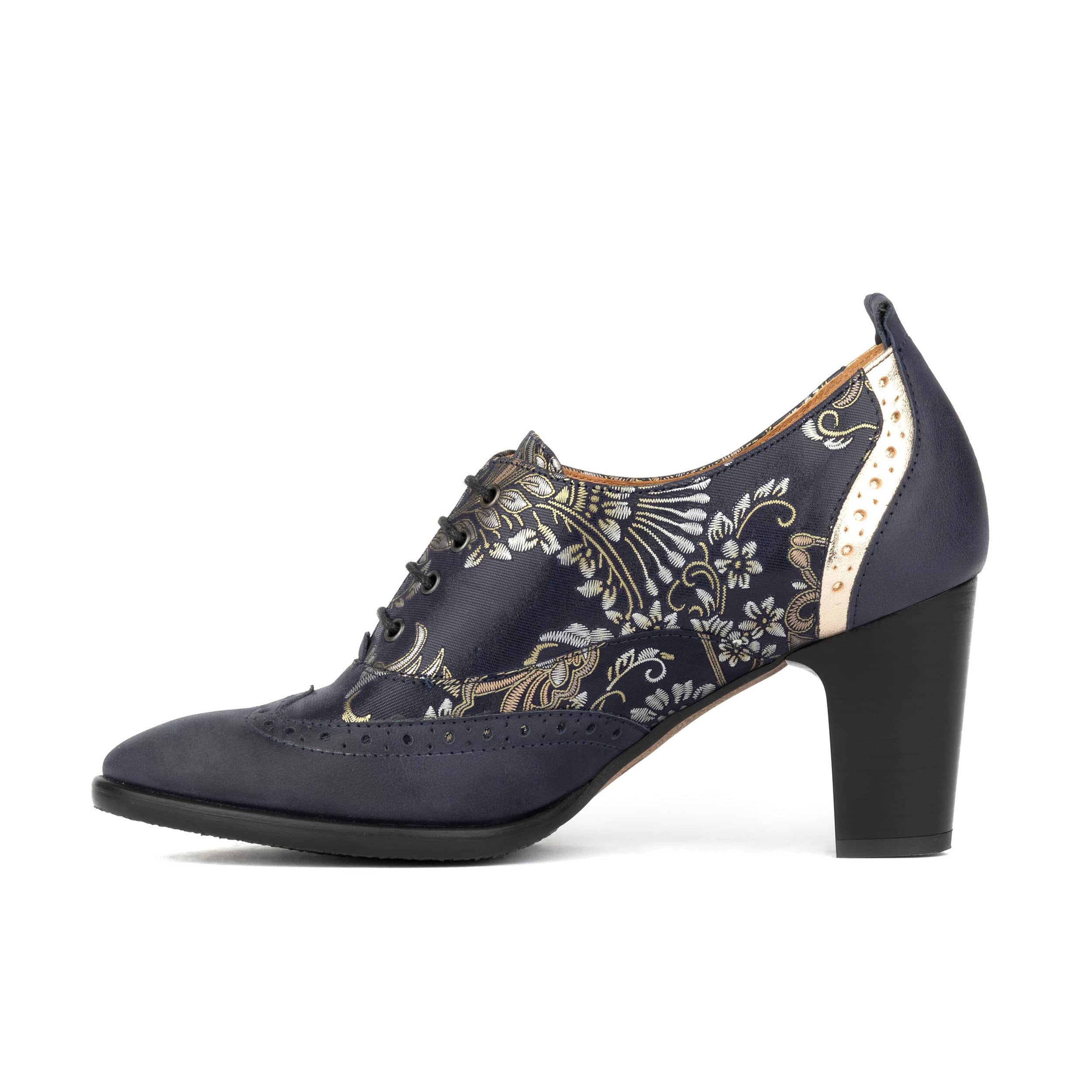 Casino - Blue & Silver Paisley - Women's leather pump in 3 inch heel with brogue details