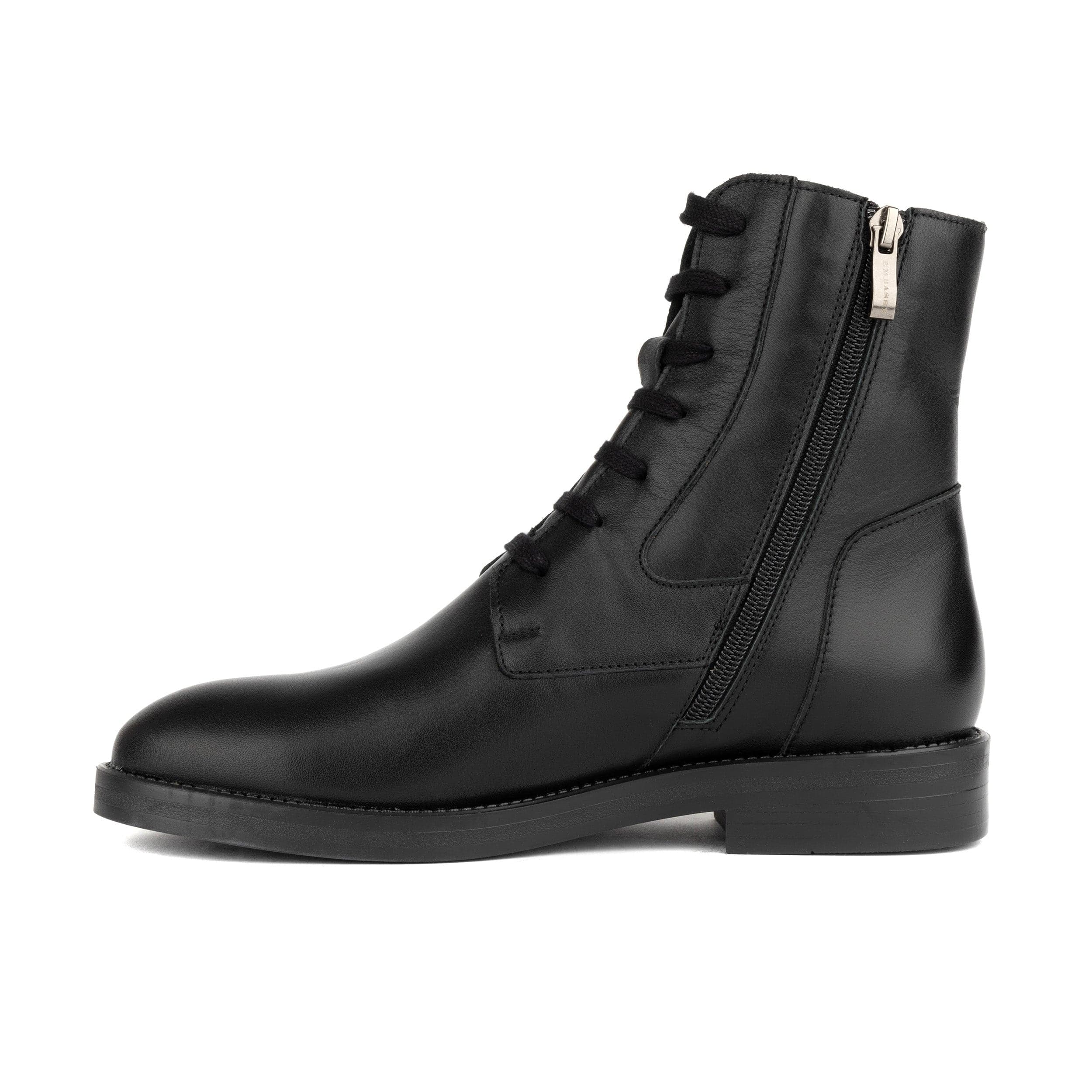 Didi Wool - Black - Women's leather lace-up and zip-up round toe combat boot