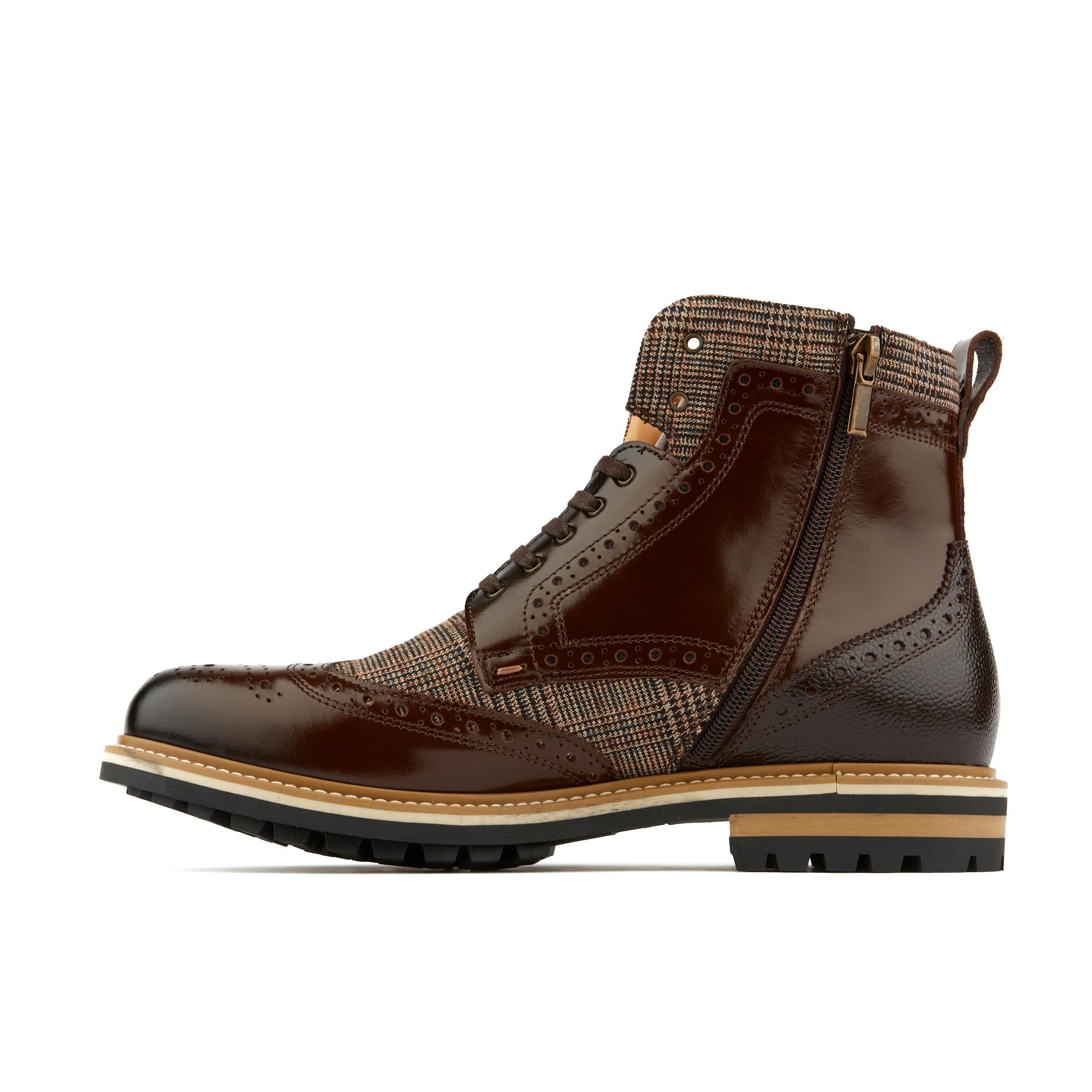 Wanderer - Brown Check - Men's leather combat style side zipper boot in brown