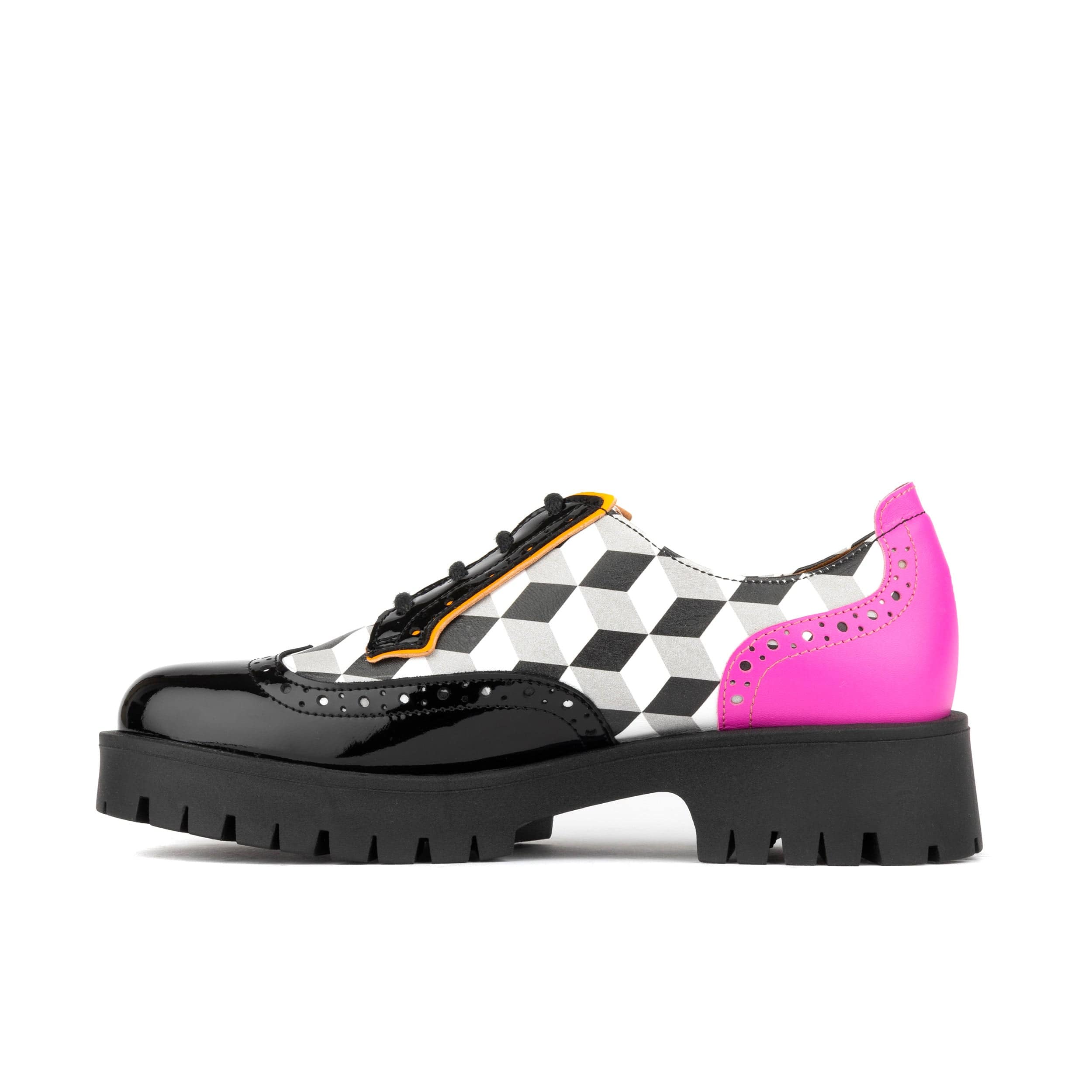 Artisan - Black & White Cubics - Women's leather lace-up shoe with brogue detailing