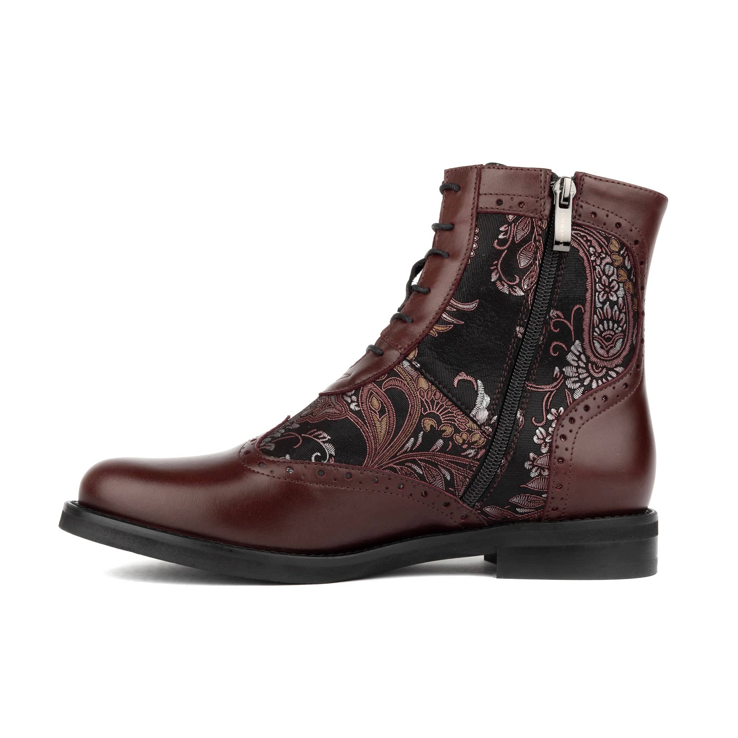 Mantis - Floral & Burgundy - Women's above-the-ankle lace-up boot with brogue & paisley detailing