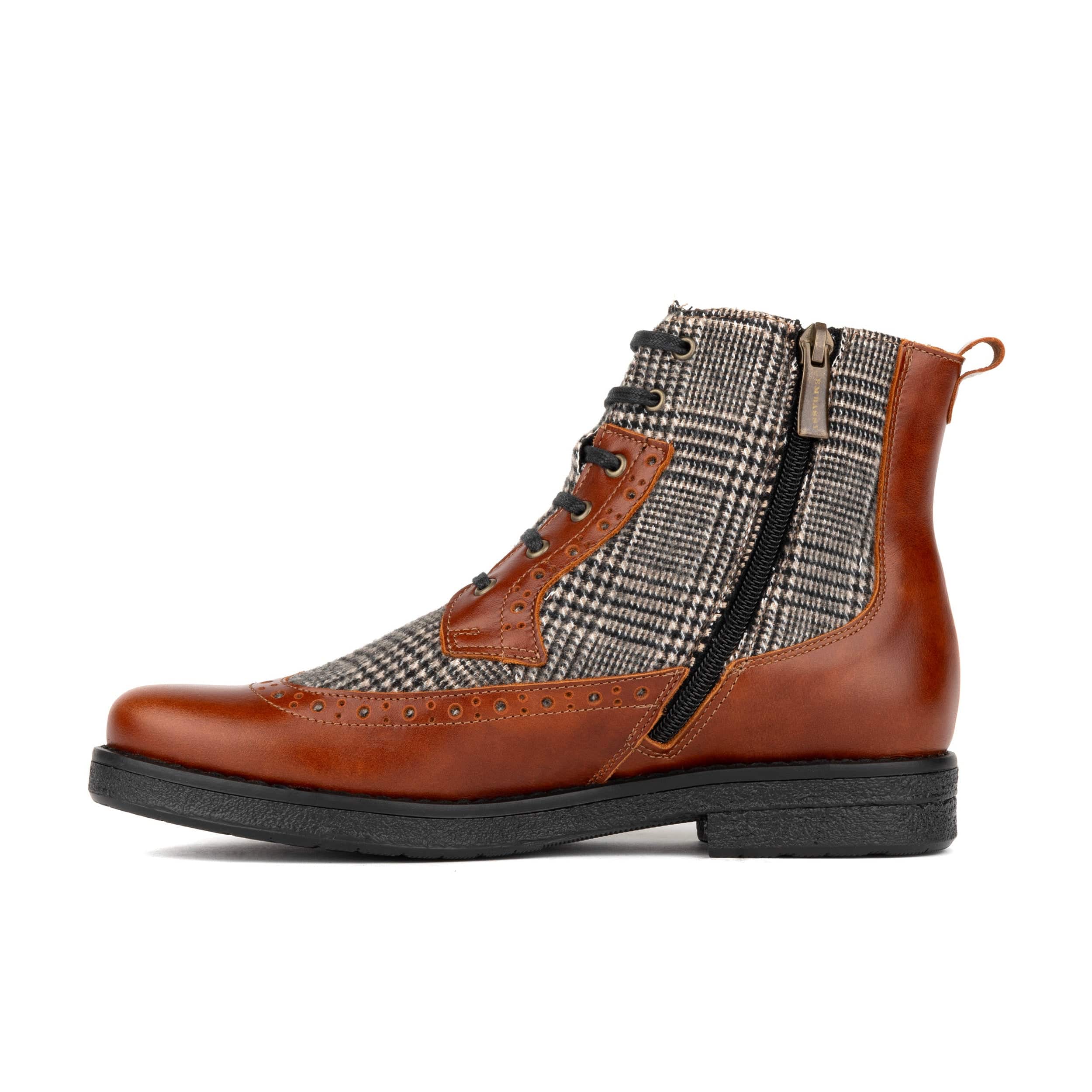 Hatter - Brown & Brown Check - Women's Leather Ankle Lace-up Boot with check details