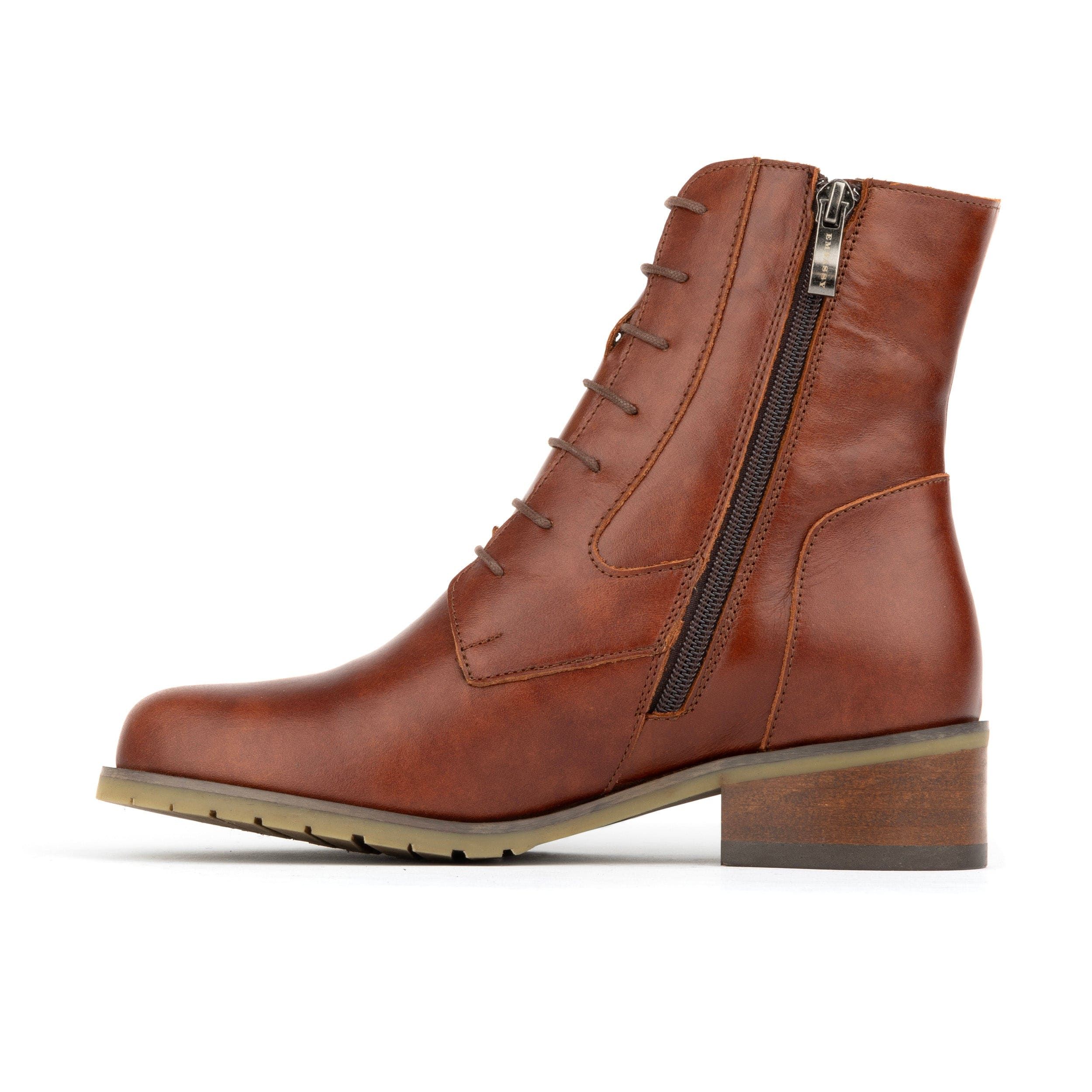 Dinah Wool - Brown - Women's leather lace-up and zip-up round toe combat boot