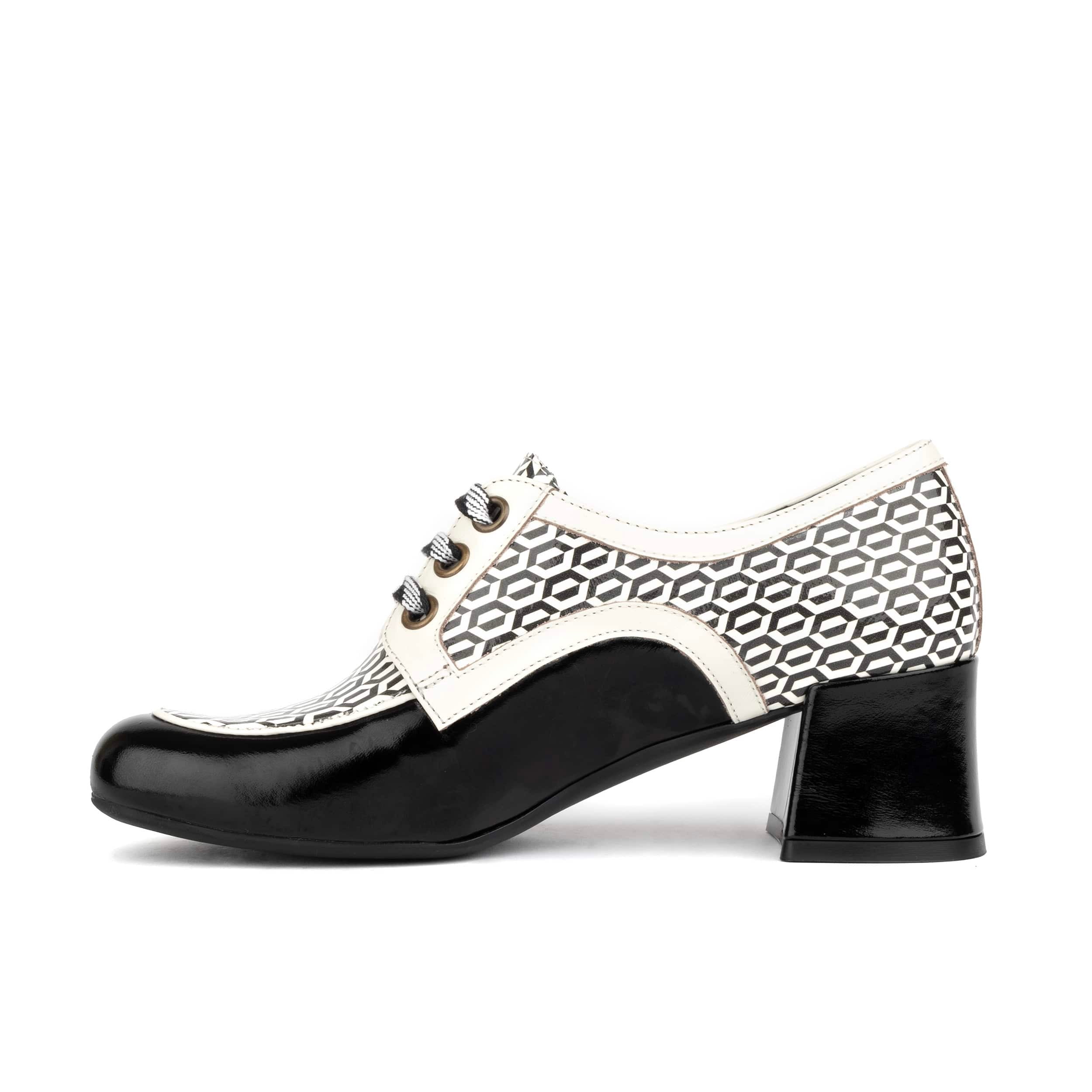 Sovereign - Black & White Optical - Women's leather lace up shoe with block heel