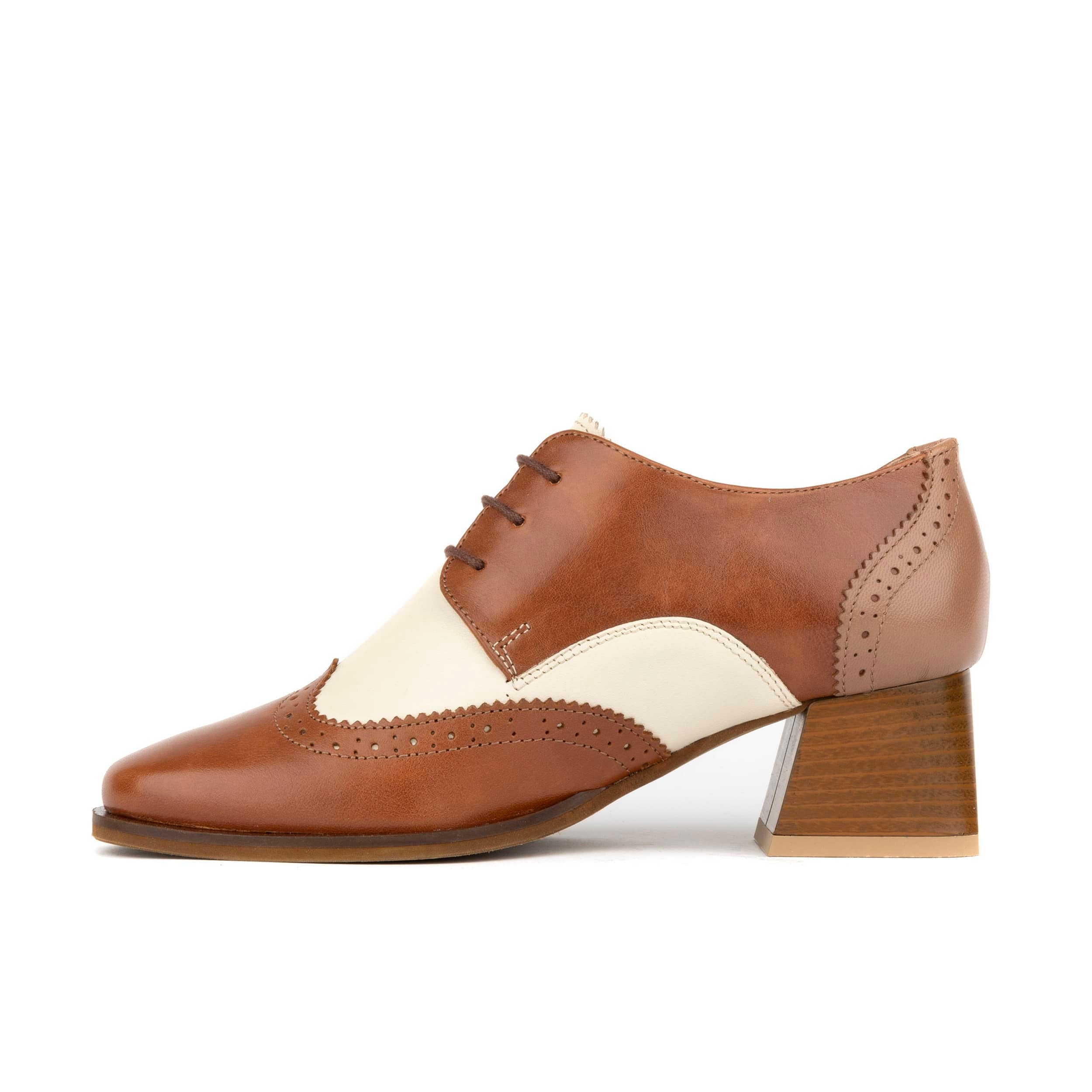 Ziggy - Brown & Cream - Women’s Leather Lace-up Brogue Heel