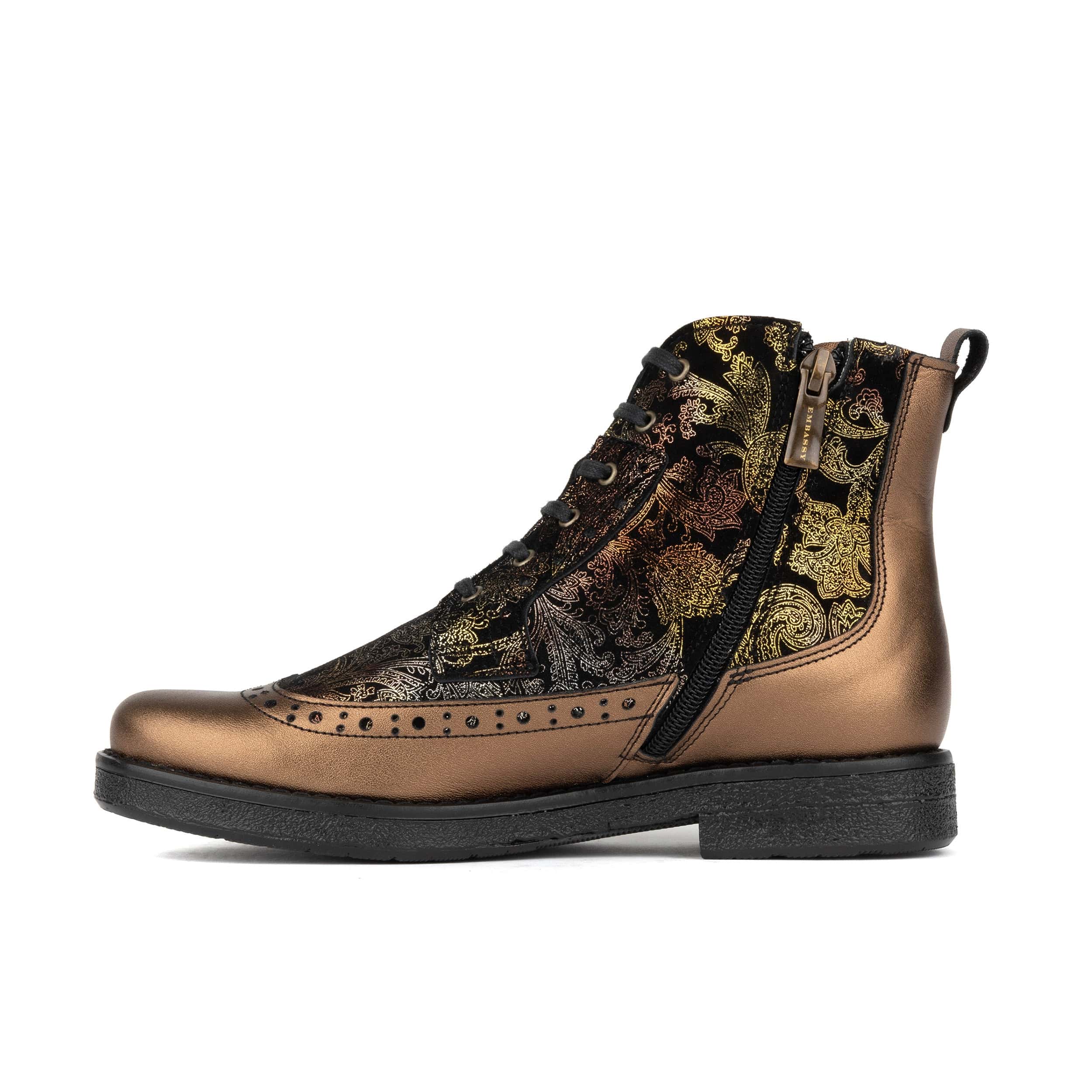 Hatter - Bronze & Floral - Women's Leather Ankle Lace-up Boot with bronze floral details