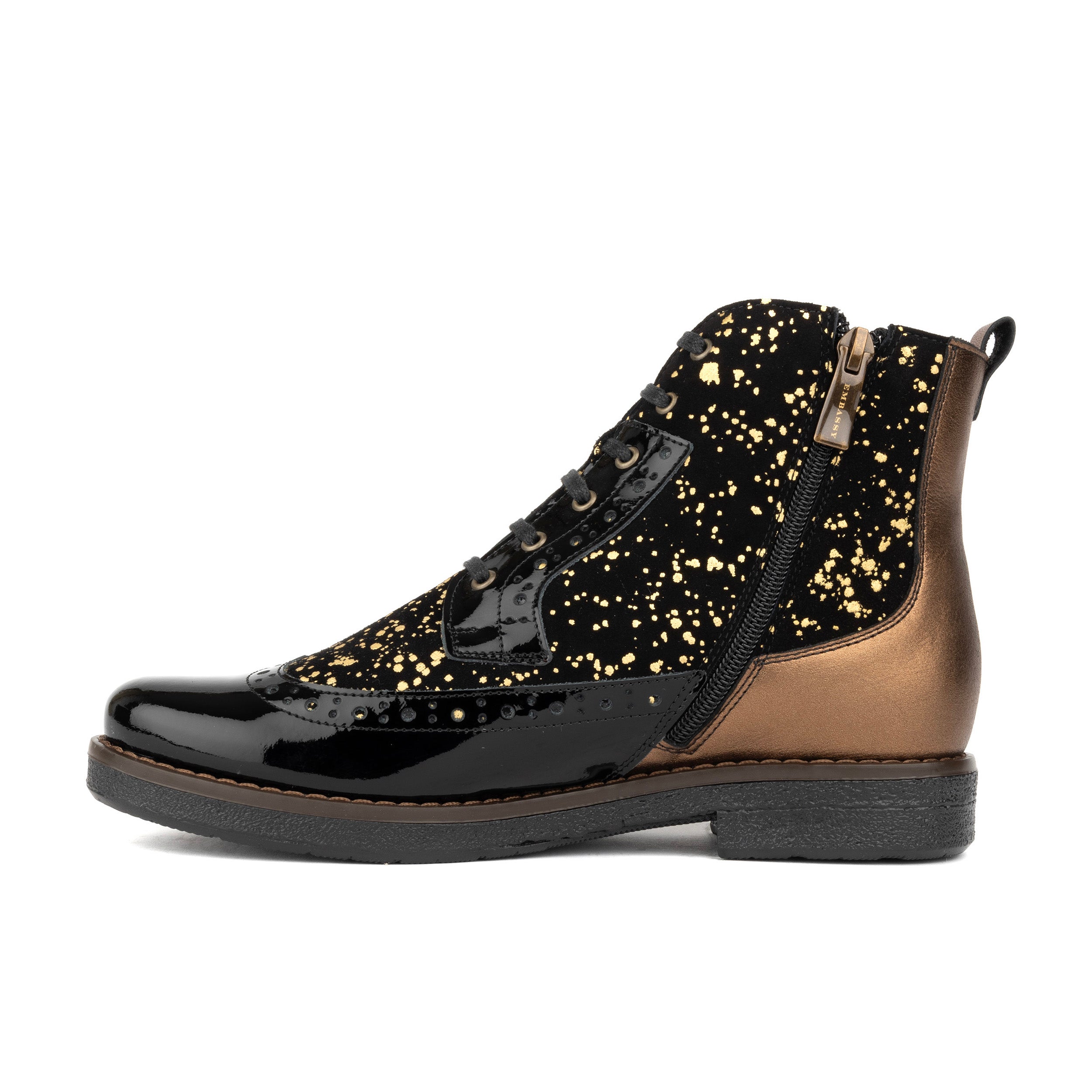 Hatter - Gold Drops - Women's ankle boot in golden paint drops on black leather