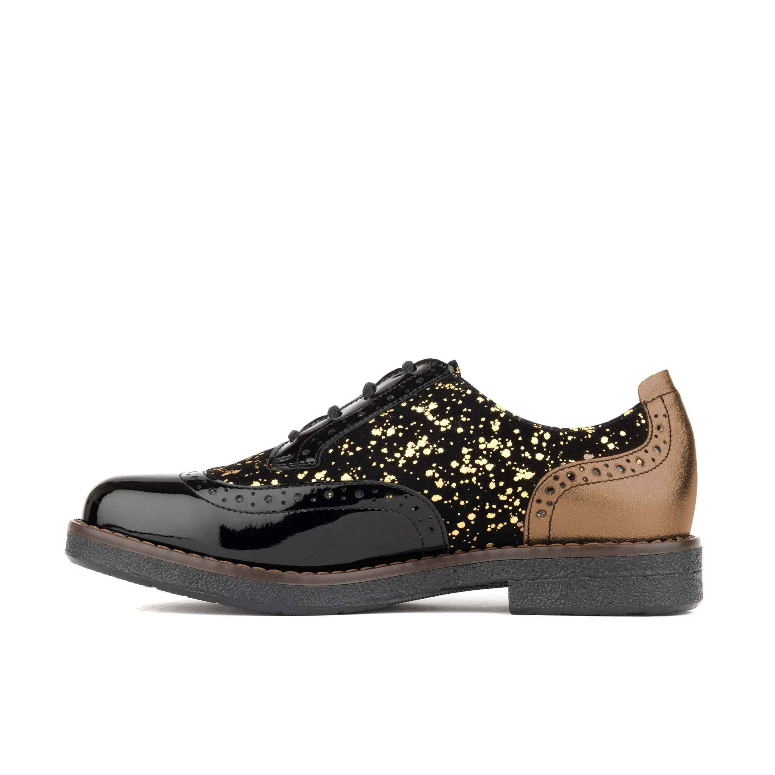 The Artist - Black & Gold - Women's leather lace-up shoe with brogue detailing