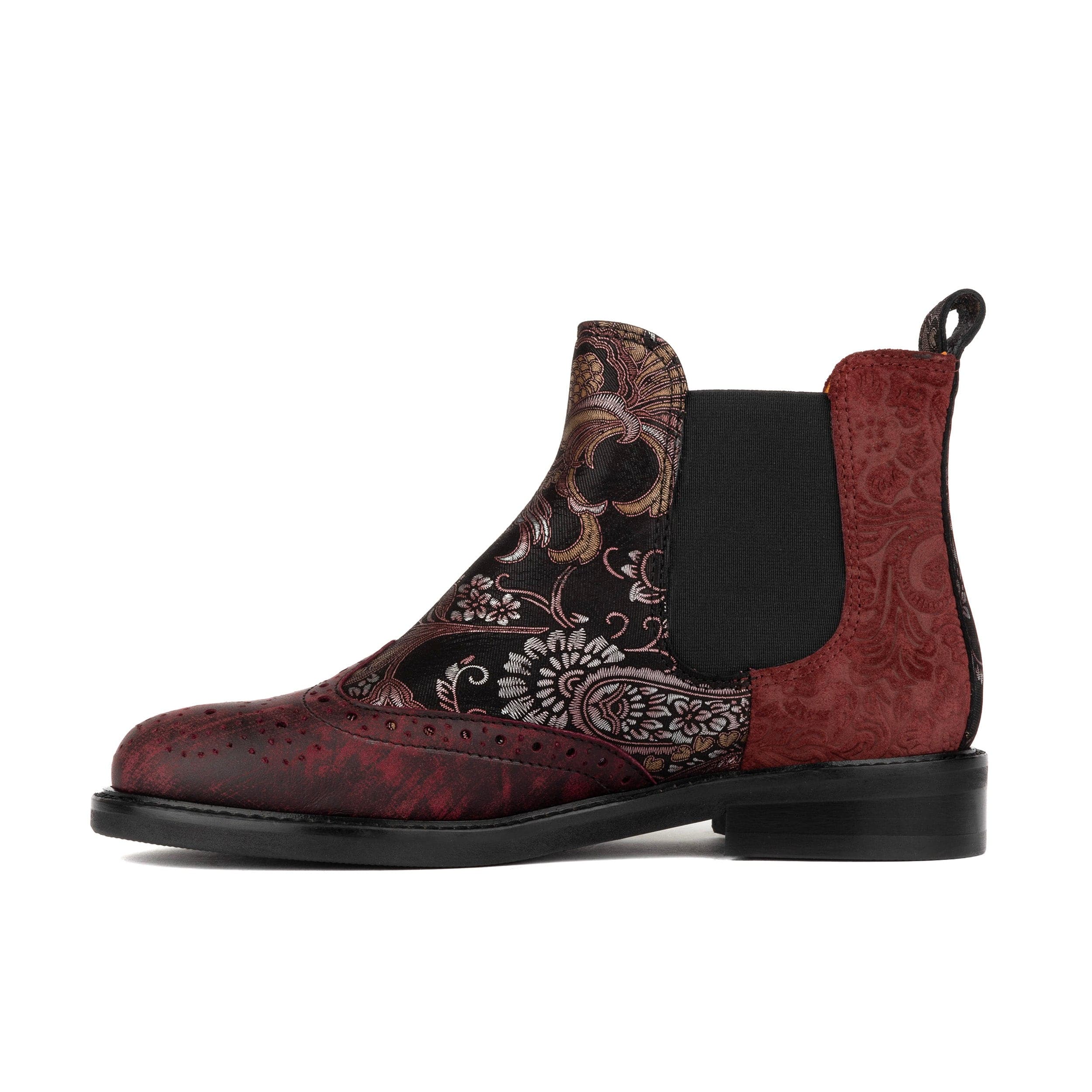 Mamacita - Floral & Burgundy - Women's chelsea boot with wingtip brogue detail