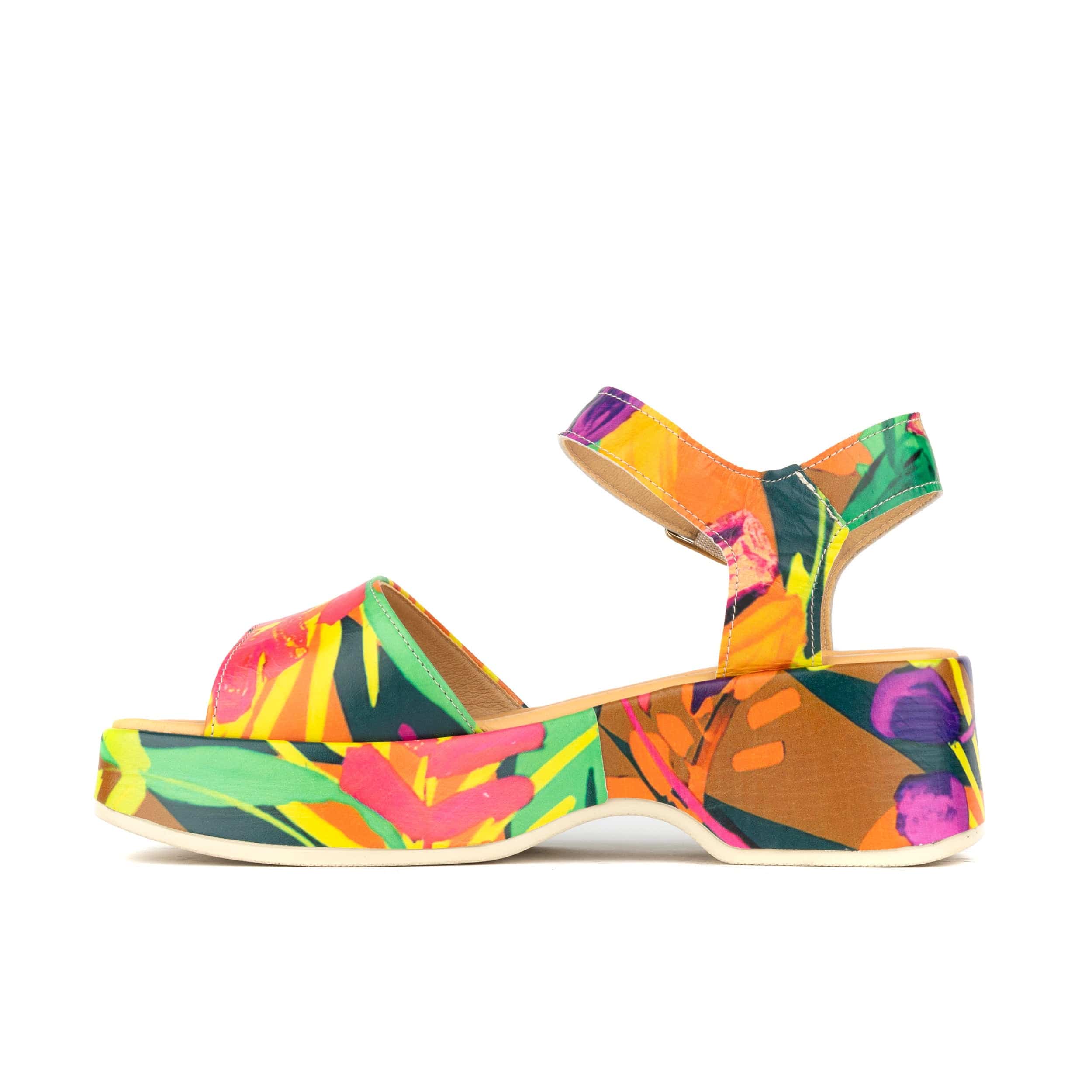 Palm Rise - Tropical - Plaform leather sandal in tropical print with soft leather footbed.