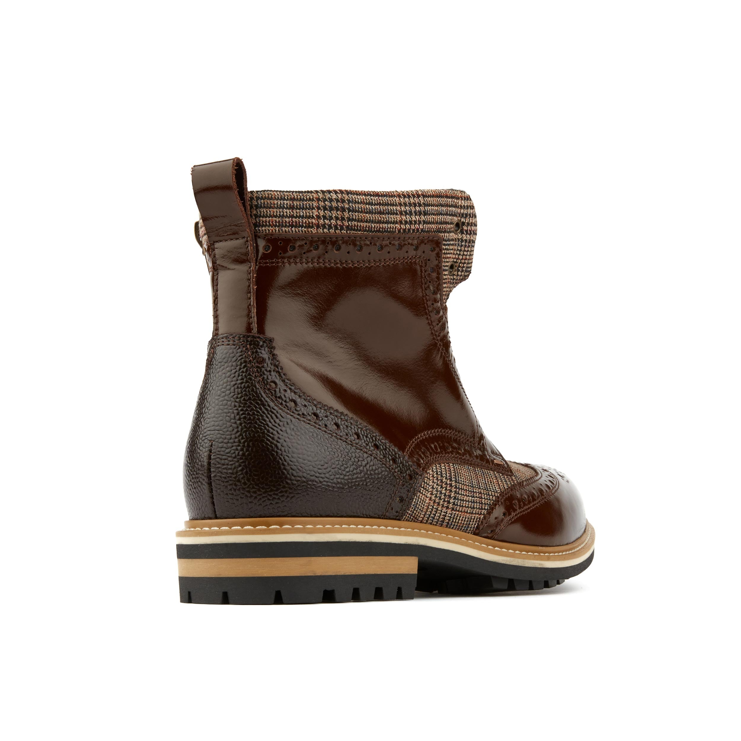 Wanderer - Brown Check - Men's leather combat style side zipper boot in brown