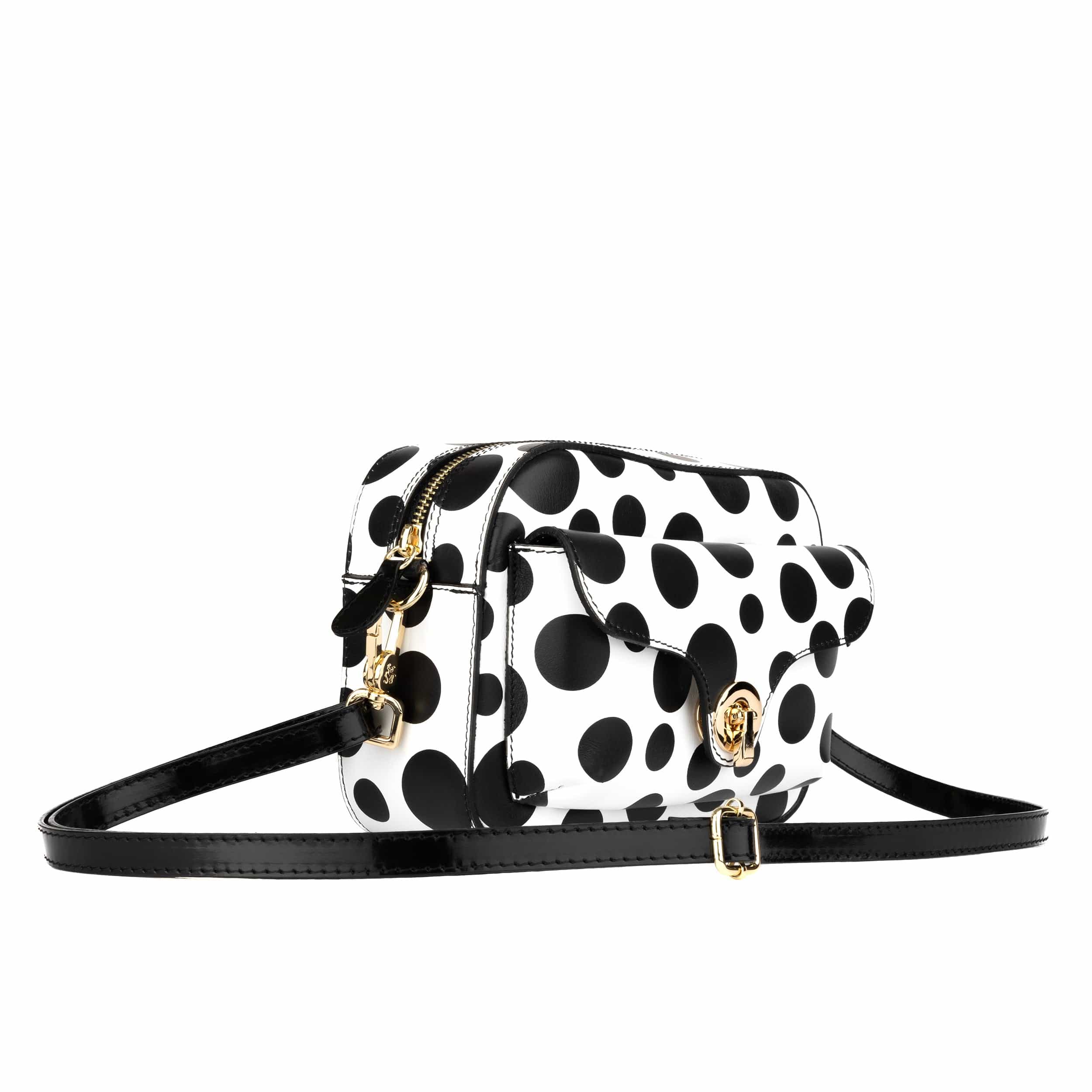 Lady Camara - Black & White Polka - Women's zip-up crossbody bag with shoulder strap and front pocket